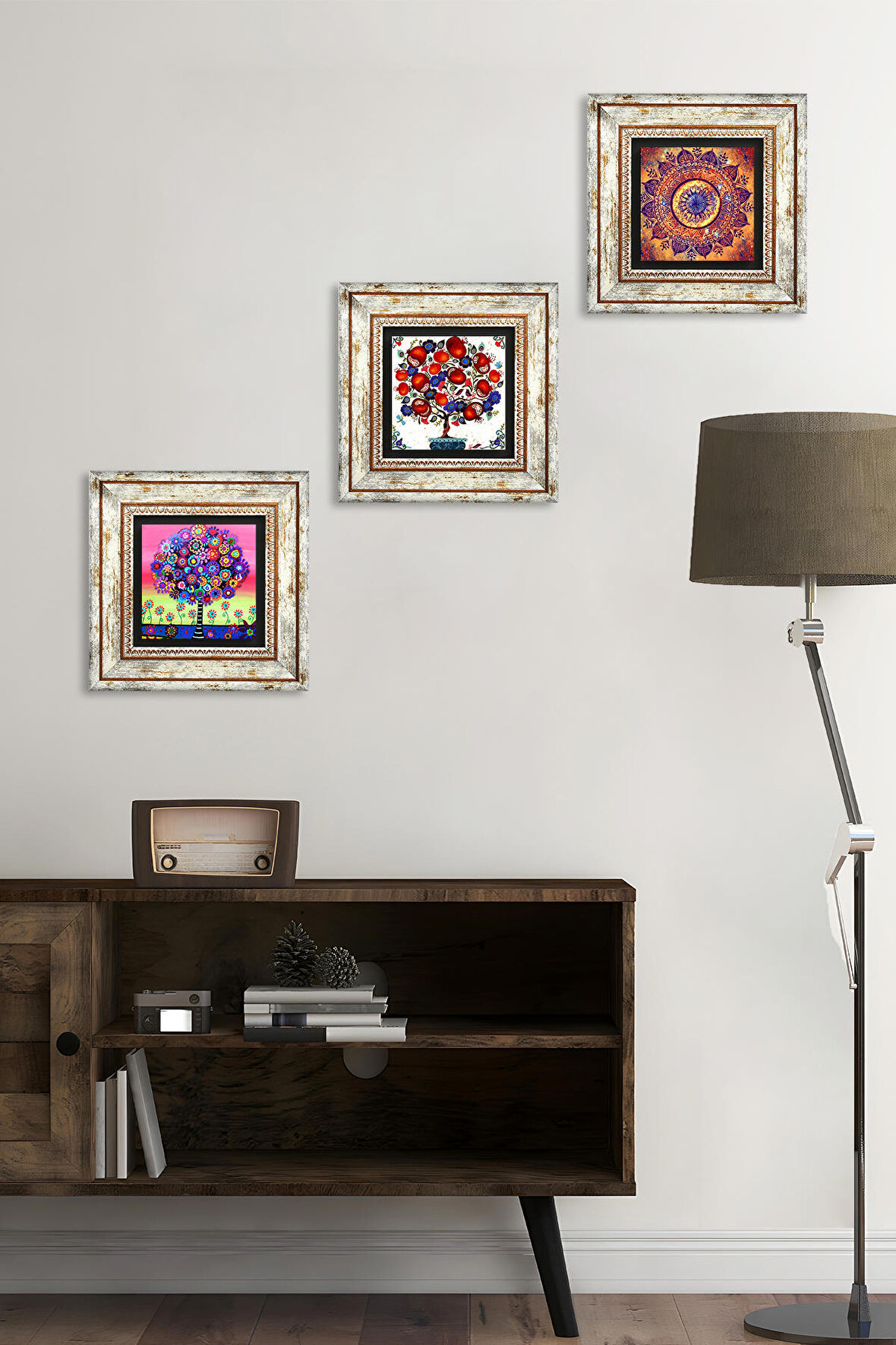 Mandala, Hayat Ağacı, Nar Ağacı Taş Duvar Tablosu Çerçeveli Duvar Dekoru 3 Parça Tablo Seti Wall Art