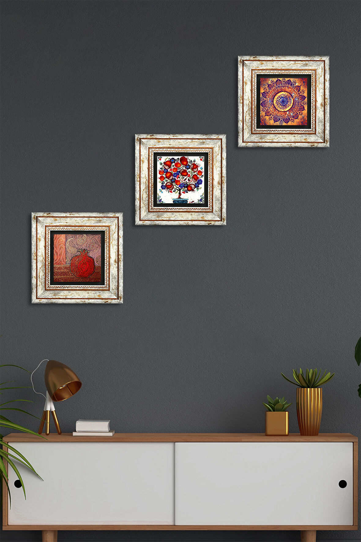 Mandala, Nar, Nar Ağacı Taş Duvar Tablosu Çerçeveli Duvar Dekoru 3 Parça Tablo Seti Wall Art