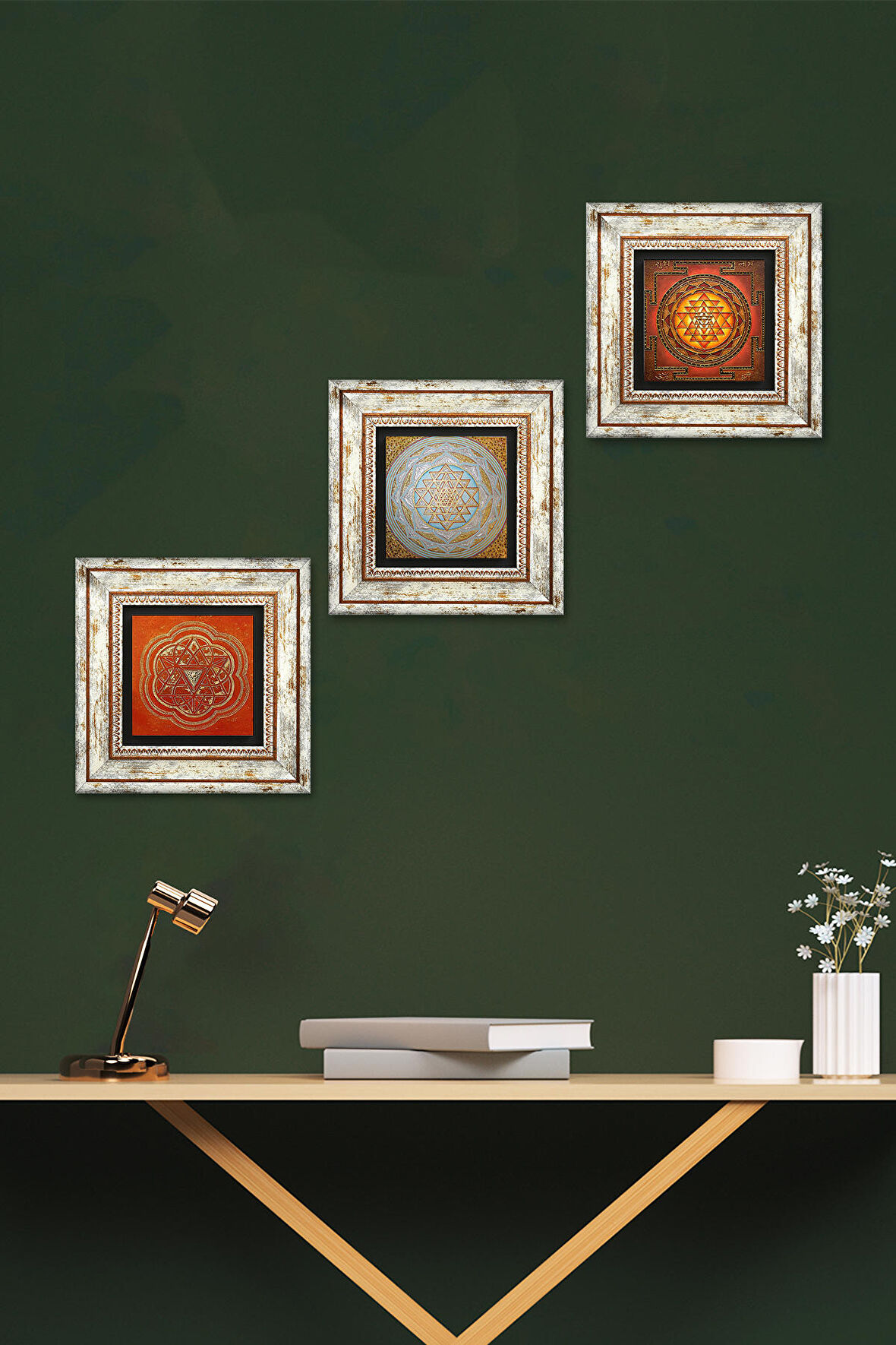 Sri Yantra Taş Duvar Tablosu Çerçeveli Duvar Dekoru 3 Parça Tablo Seti Wall Art