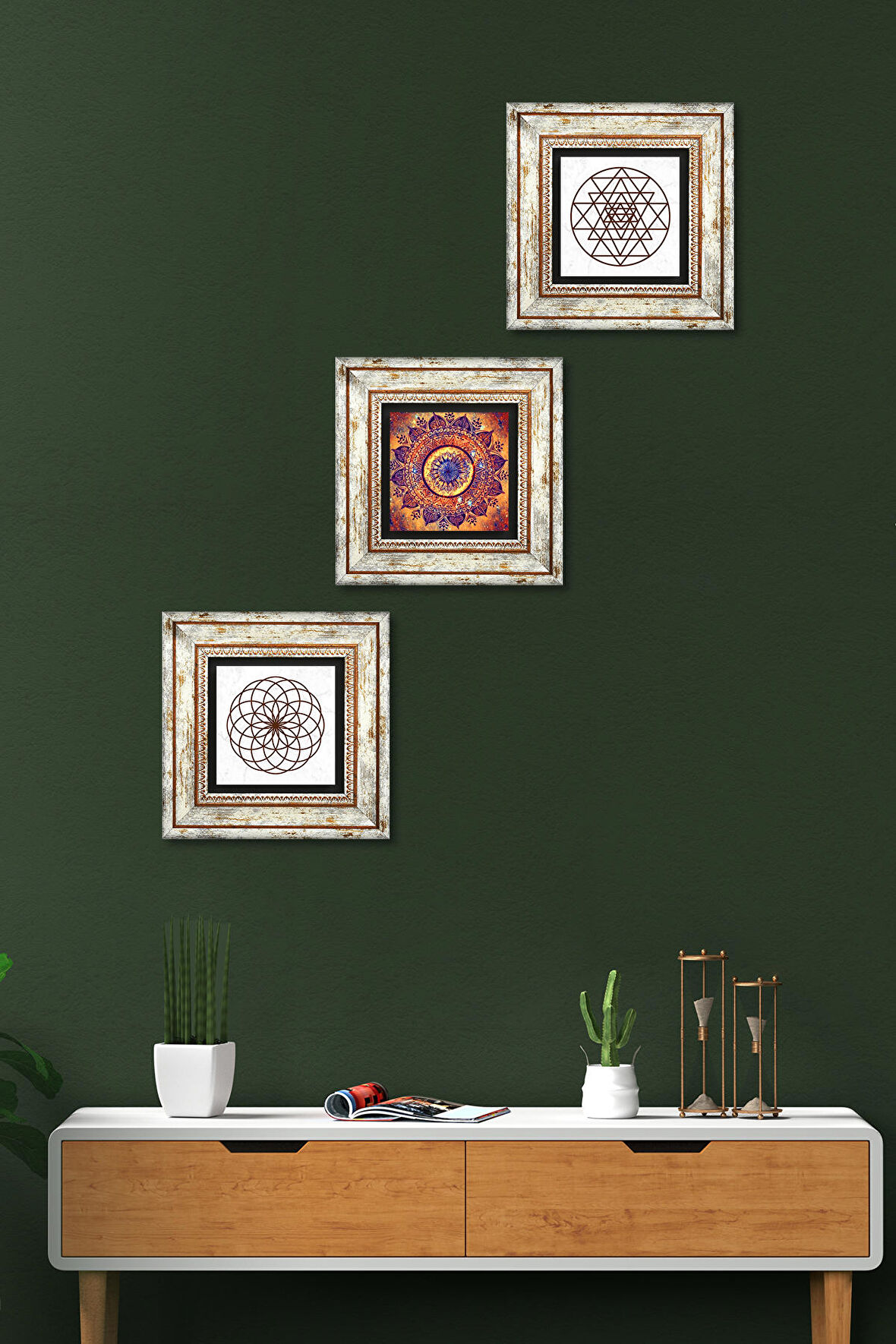 Mandala, Yaşam Çiçeği, Sri Yantra Taş Duvar Tablosu Çerçeveli Duvar Dekoru 3 Parça Tablo Seti Wall Art