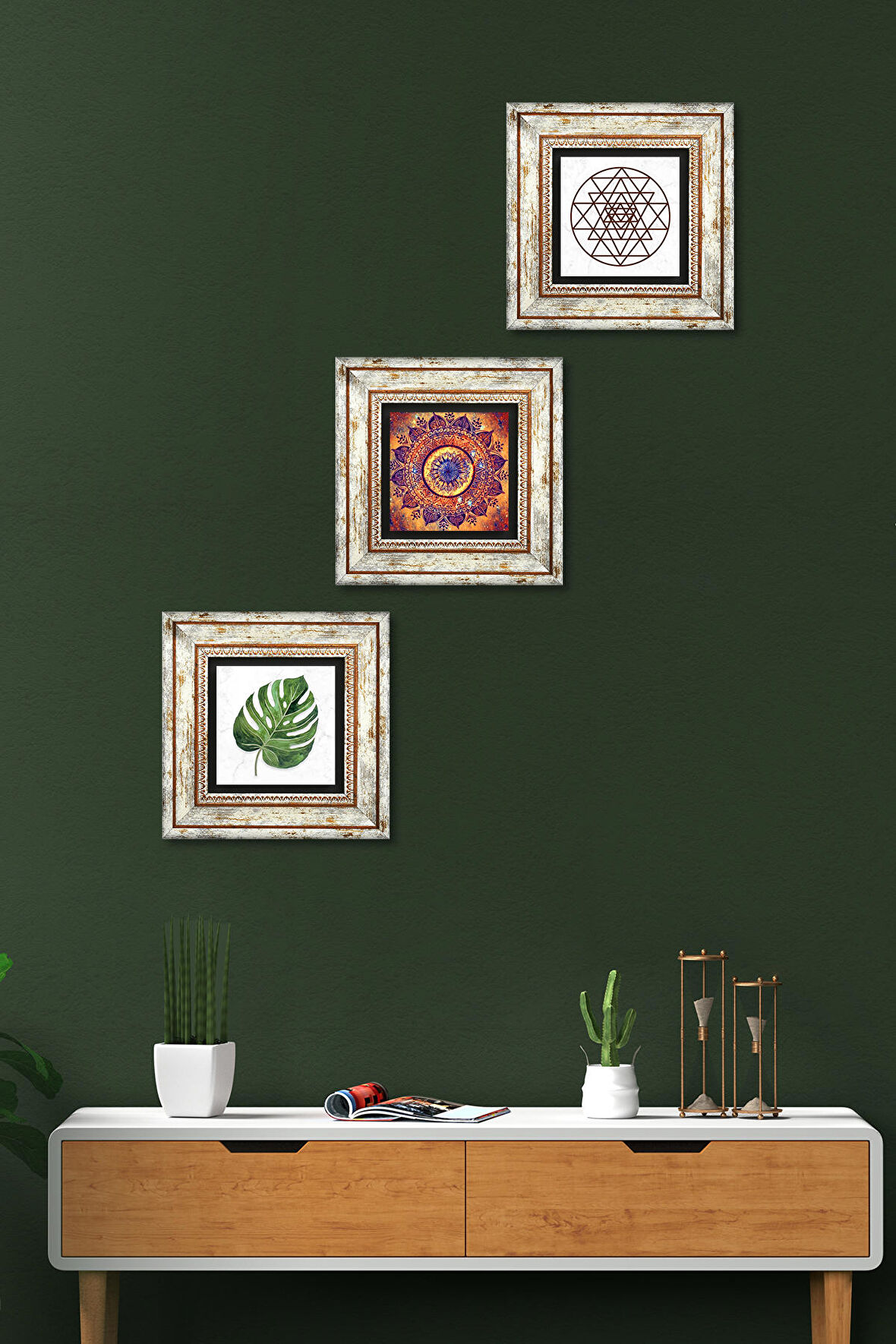 Mandala, Yaprak, Sri Yantra Taş Duvar Tablosu Çerçeveli Duvar Dekoru 3 Parça Tablo Seti Wall Art