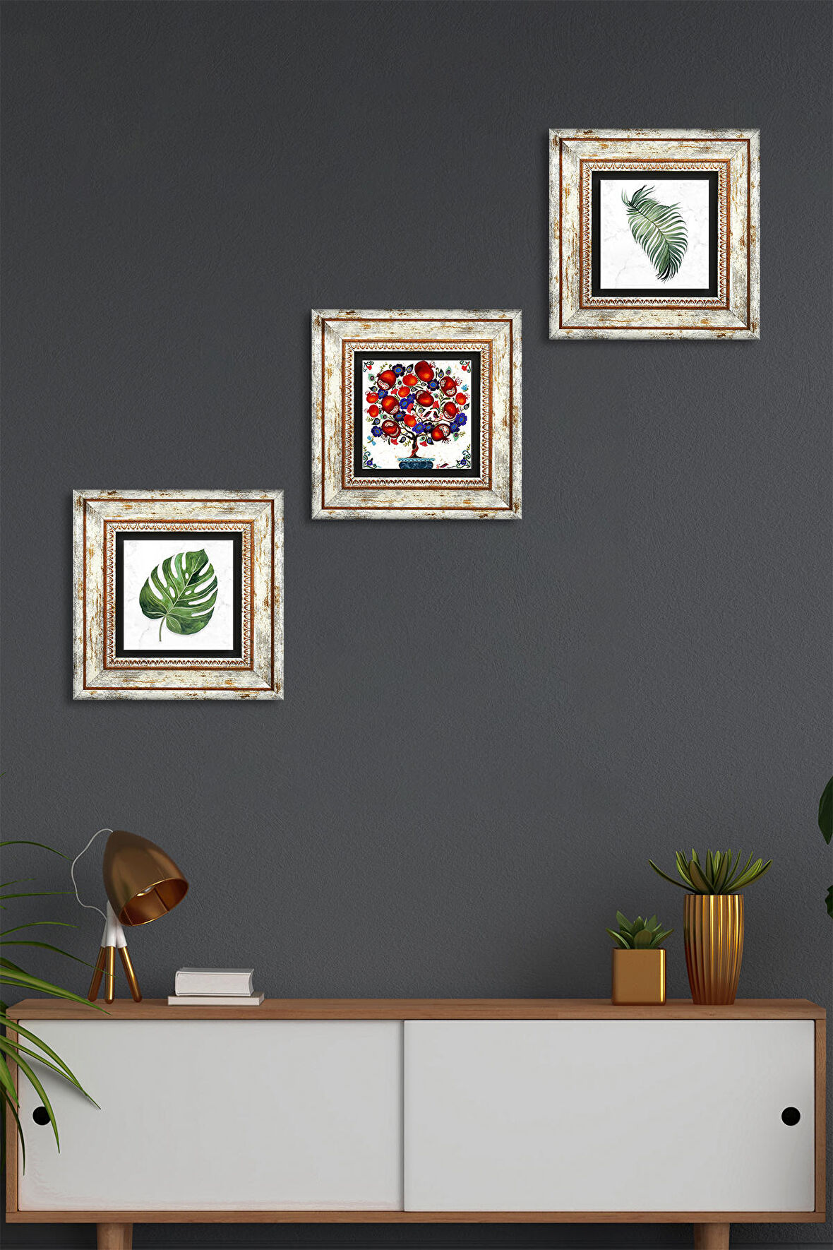 Yaprak, Nar Ağacı Taş Duvar Tablosu Çerçeveli Duvar Dekoru 3 Parça Tablo Seti Wall Art