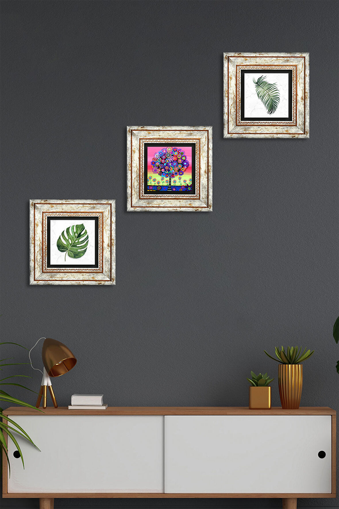 Yaprak, Hayat Ağacı Taş Duvar Tablosu Çerçeveli Duvar Dekoru 3 Parça Tablo Seti Wall Art