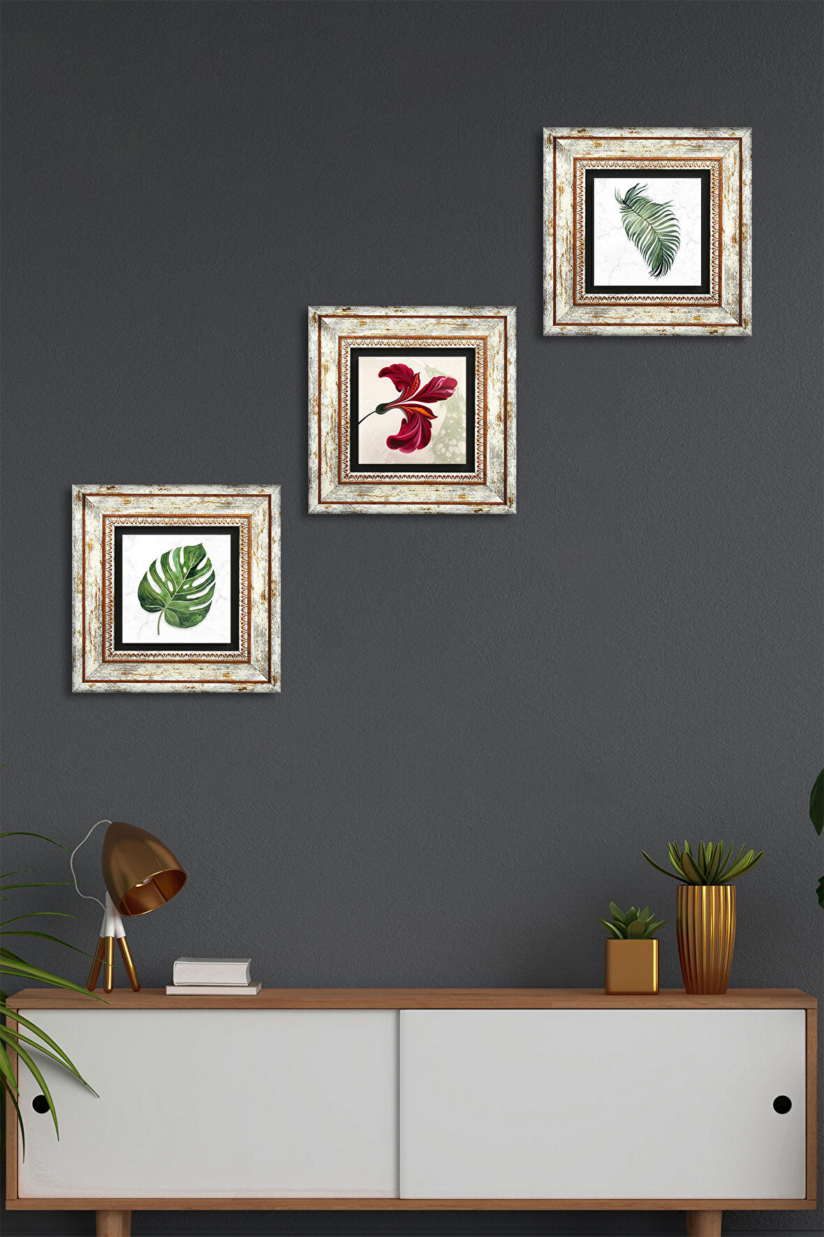 Yaprak, Ebru Sanatı Lale Taş Duvar Tablosu Çerçeveli Duvar Dekoru 3 Parça Tablo Seti Wall Art