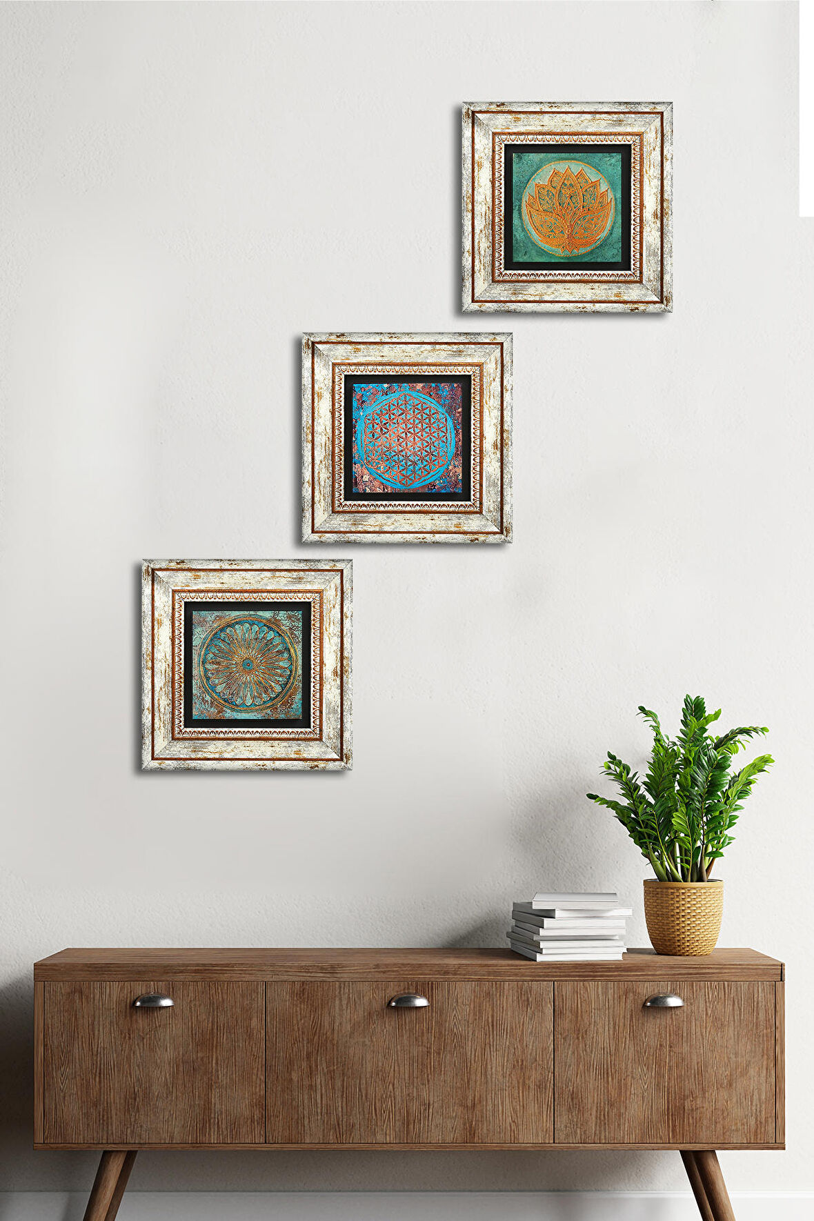 Lotus Çiçeği, Yaşam Çiçeği Taş Duvar Tablosu Çerçeveli Duvar Dekoru 3 Parça Tablo Seti Wall Art