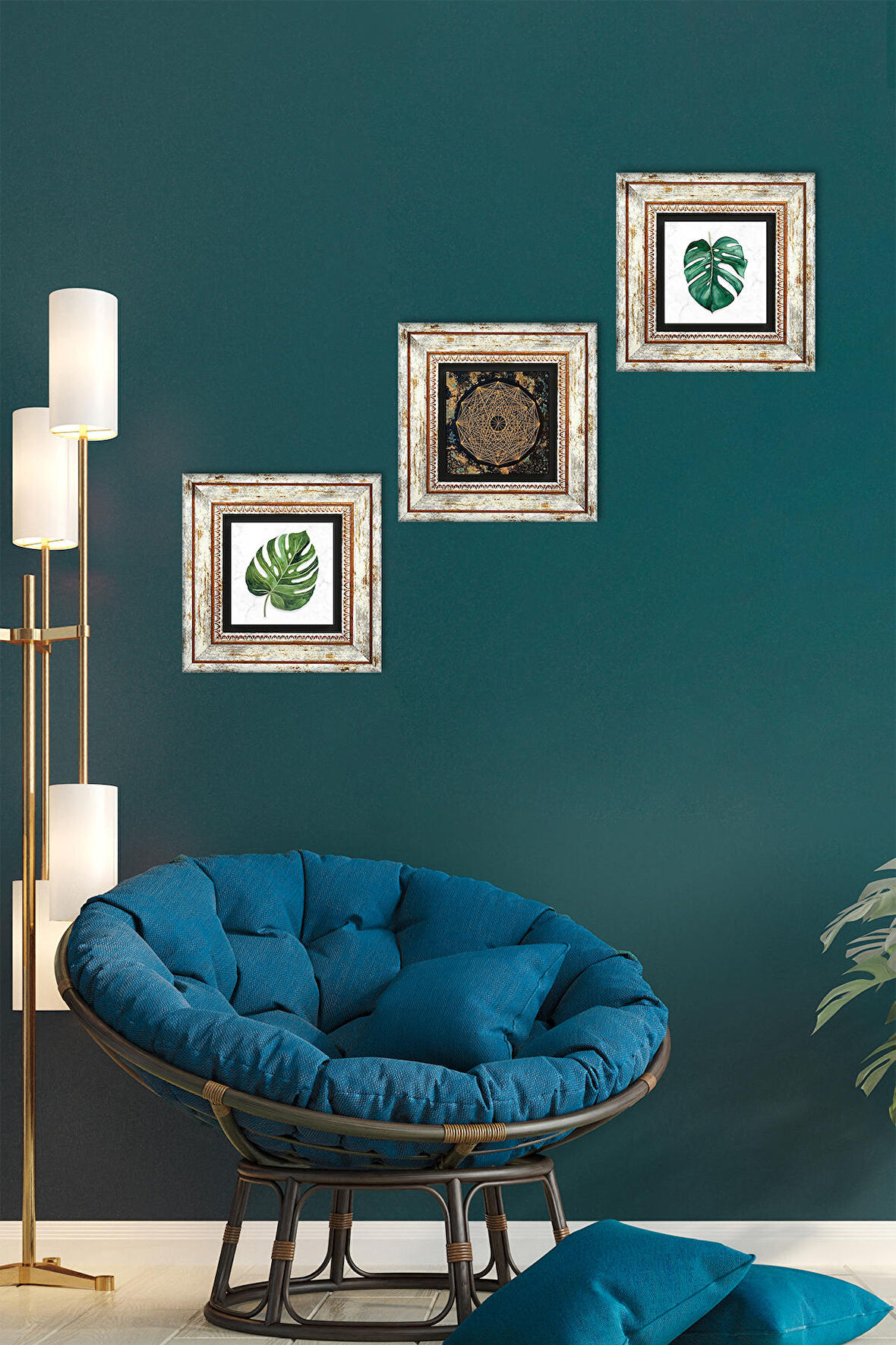 Yaprak, Sri Yantra Taş Duvar Tablosu Çerçeveli Duvar Dekoru 3 Parça Tablo Seti Wall Art