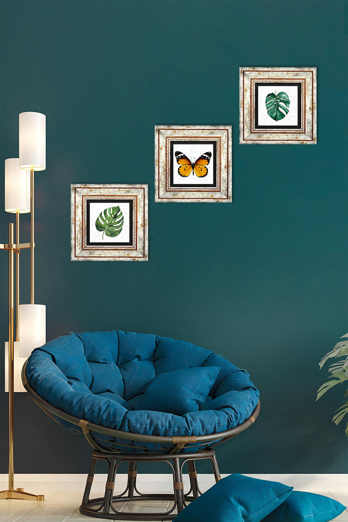 Kelebek, Yaprak Taş Duvar Tablosu Çerçeveli Duvar Dekoru 3 Parça Tablo Seti Wall Art