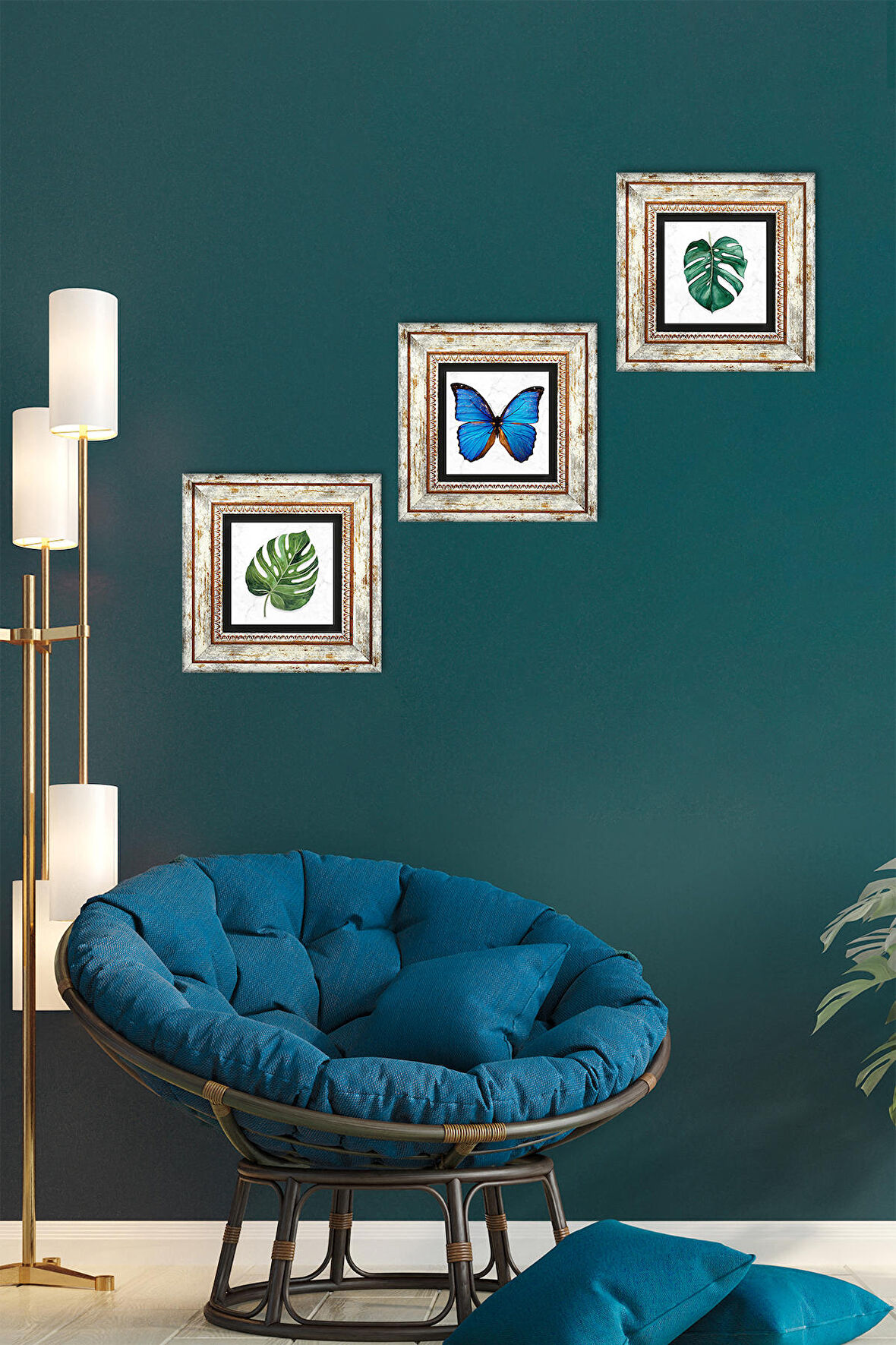 Kelebek, Yaprak Taş Duvar Tablosu Çerçeveli Duvar Dekoru 3 Parça Tablo Seti Wall Art