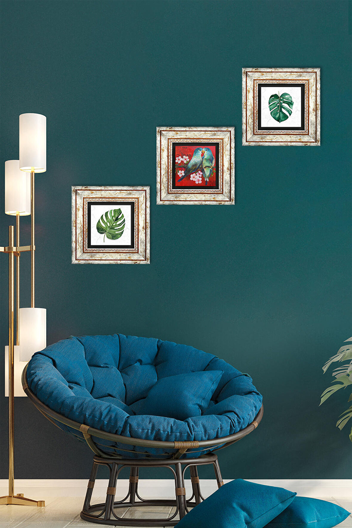 Kuş, Yaprak Taş Duvar Tablosu Çerçeveli Duvar Dekoru 3 Parça Tablo Seti Wall Art