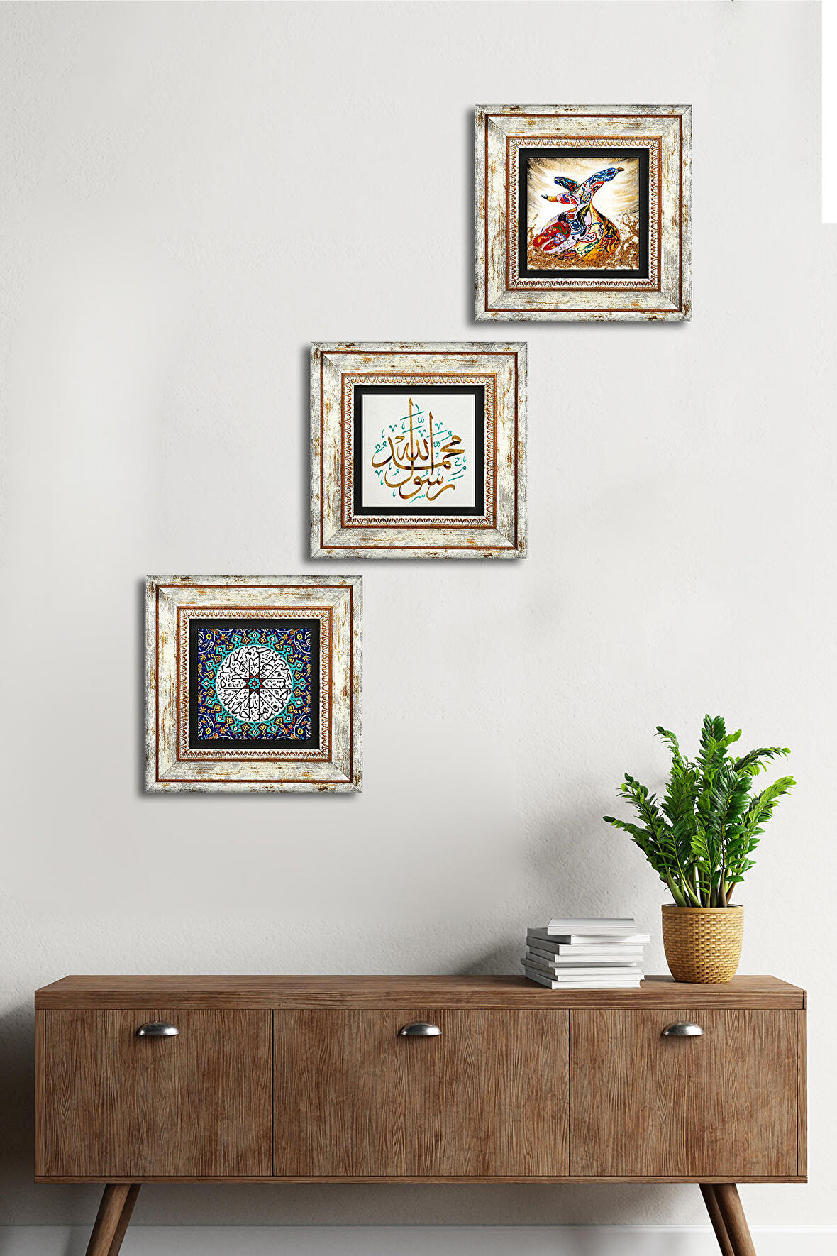 İhlas Suresi, Muhammed Resulullah Lafzı, Semazen Taş Duvar Tablosu Çerçeveli Duvar Dekoru 3 Parça Tablo Seti Wall Art