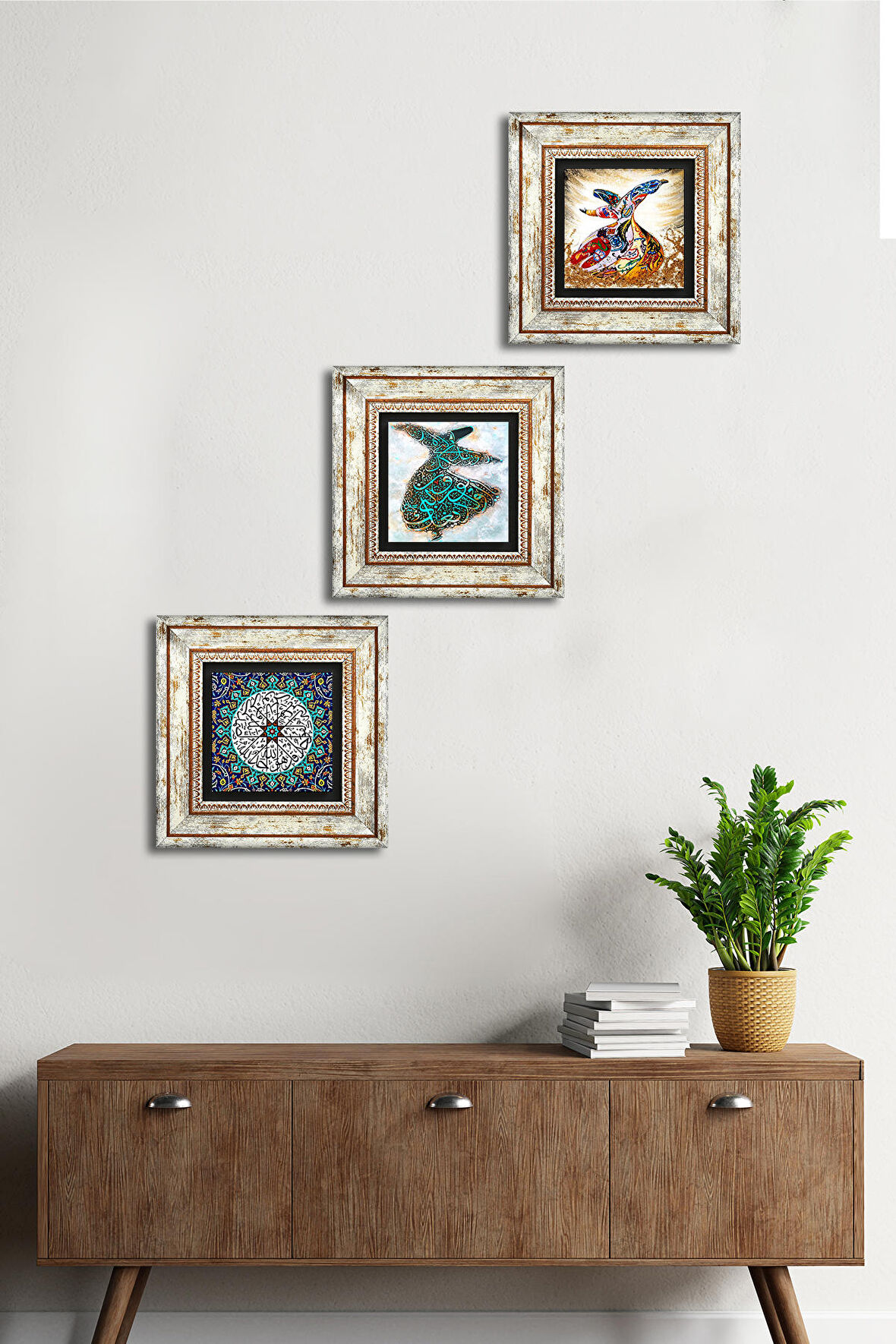 İhlas Suresi, Semazen Taş Duvar Tablosu Çerçeveli Duvar Dekoru 3 Parça Tablo Seti Wall Art