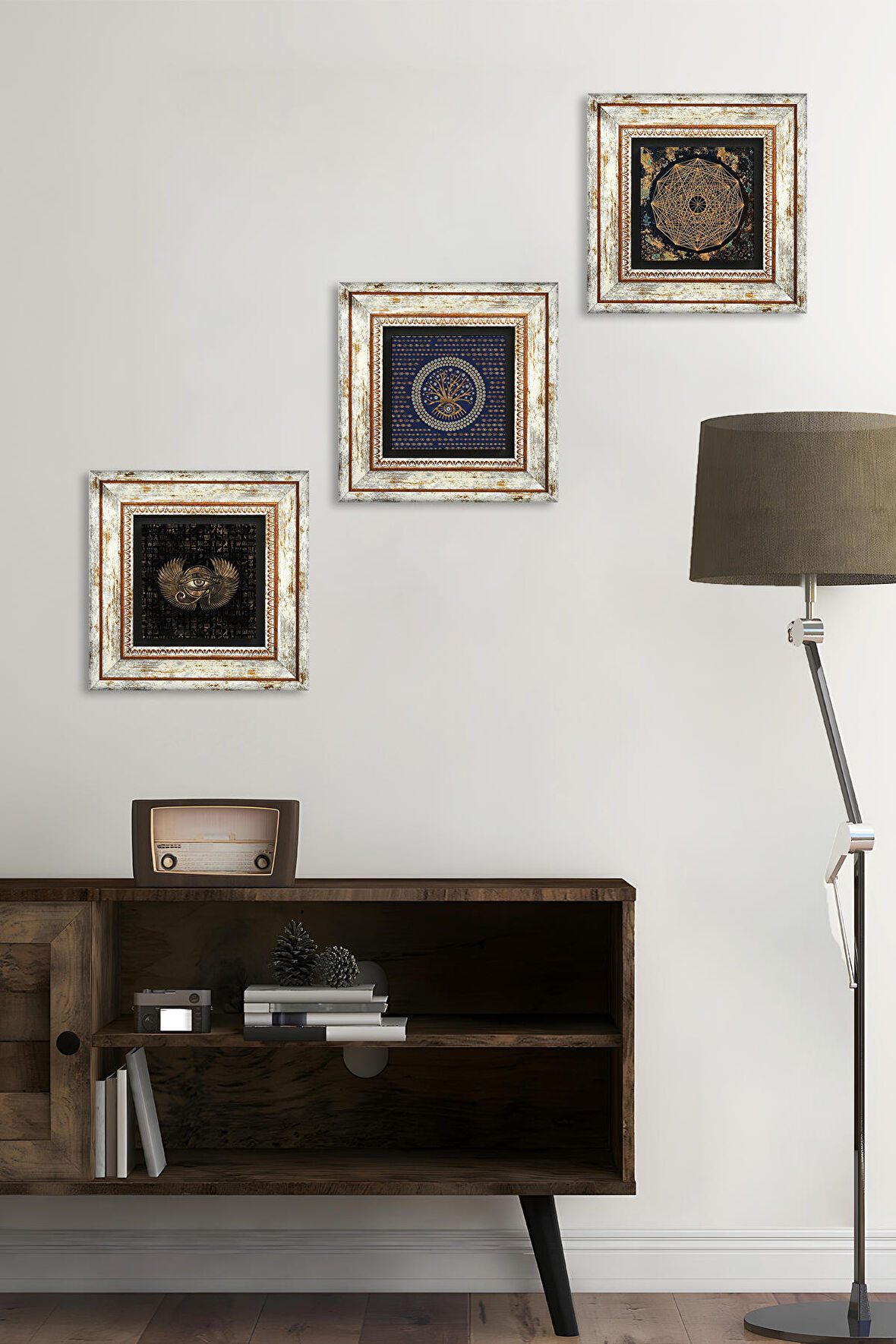 Horus'un Gözü, Nazar, Sri Yantra Taş Duvar Tablosu Çerçeveli Duvar Dekoru 3 Parça Tablo Seti Wall Art