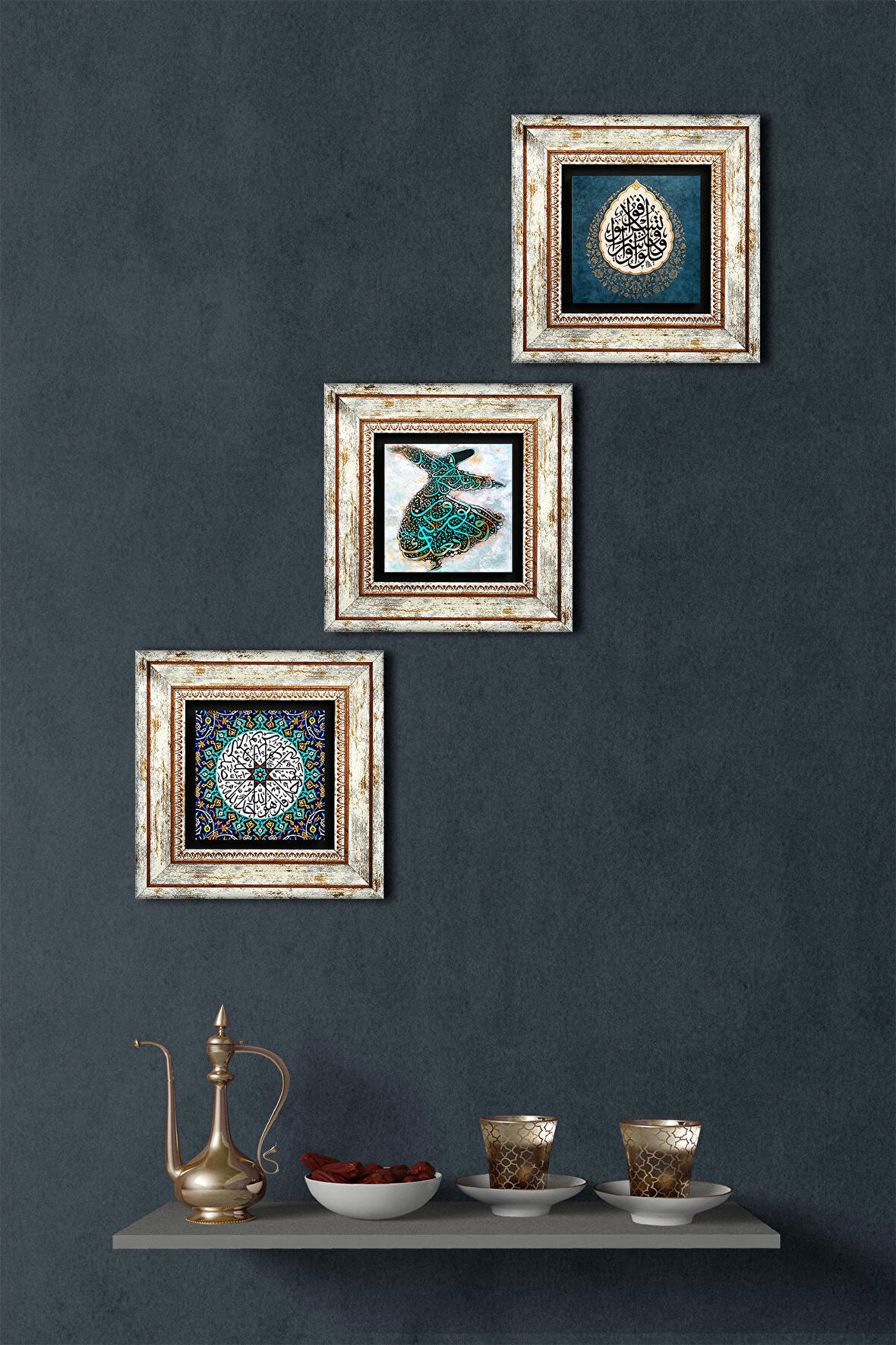 İhlas Suresi, Semazen, Araf Suresi 31.Ayet Taş Duvar Tablosu Çerçeveli Duvar Dekoru 3 Parça Tablo Seti Wall Art