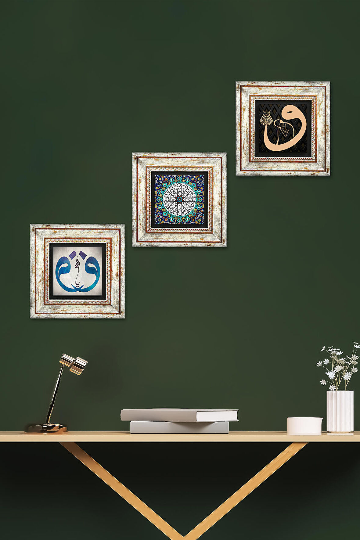 İhlas Suresi, Vav Taş Duvar Tablosu Çerçeveli Duvar Dekoru 3 Parça Tablo Seti Wall Art