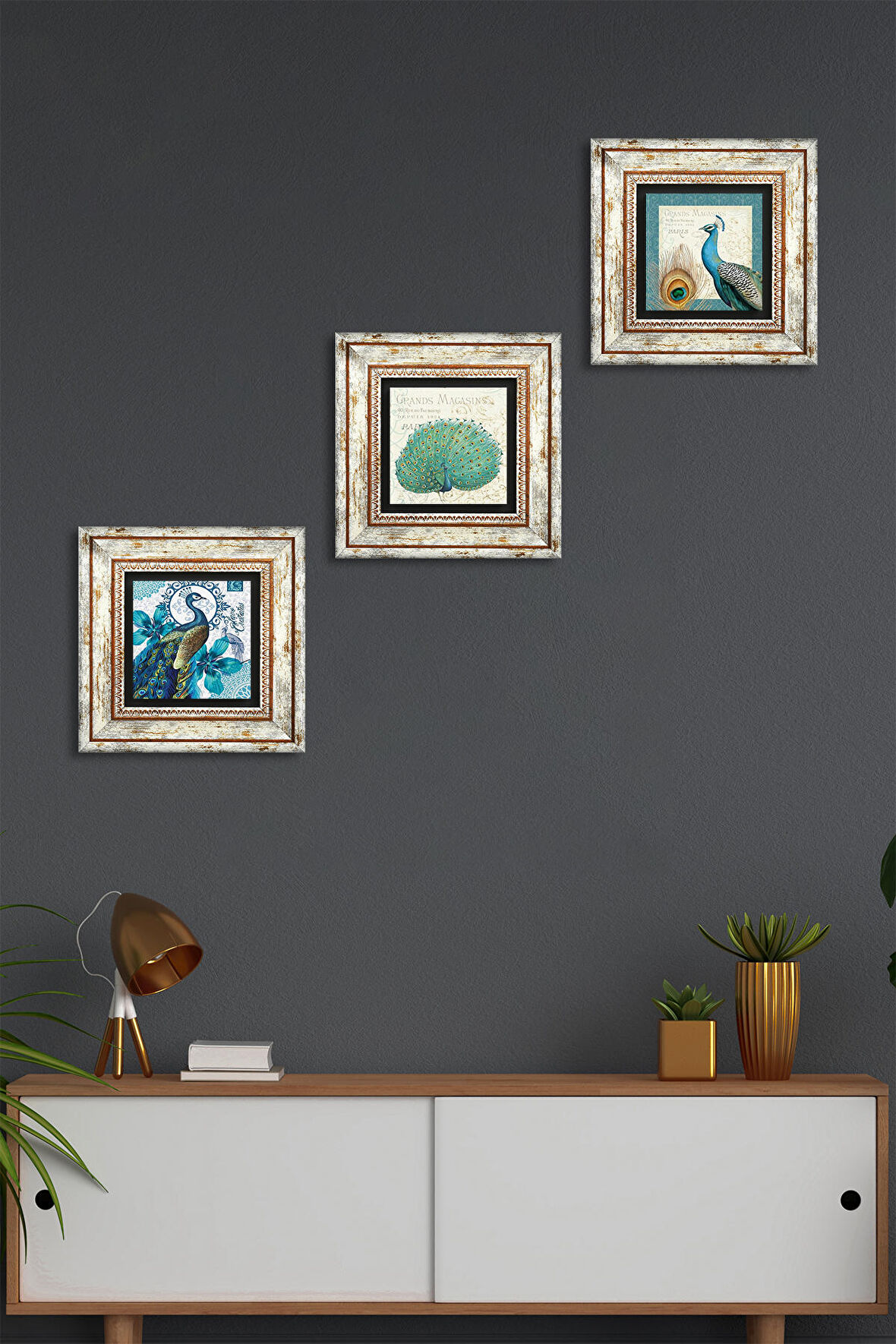 Tavus Kuşu Taş Duvar Tablosu Çerçeveli Duvar Dekoru 3 Parça Tablo Seti Wall Art