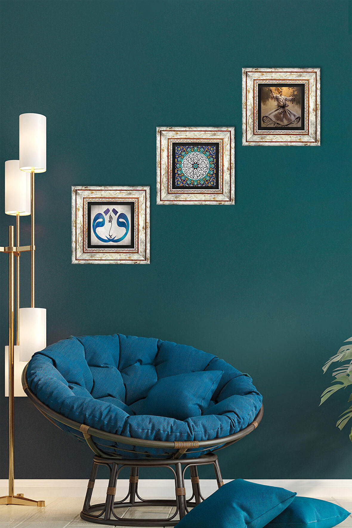 Semazen, Vav, İhlas Suresi Taş Duvar Tablosu Çerçeveli Duvar Dekoru 3 Parça Tablo Seti Wall Art