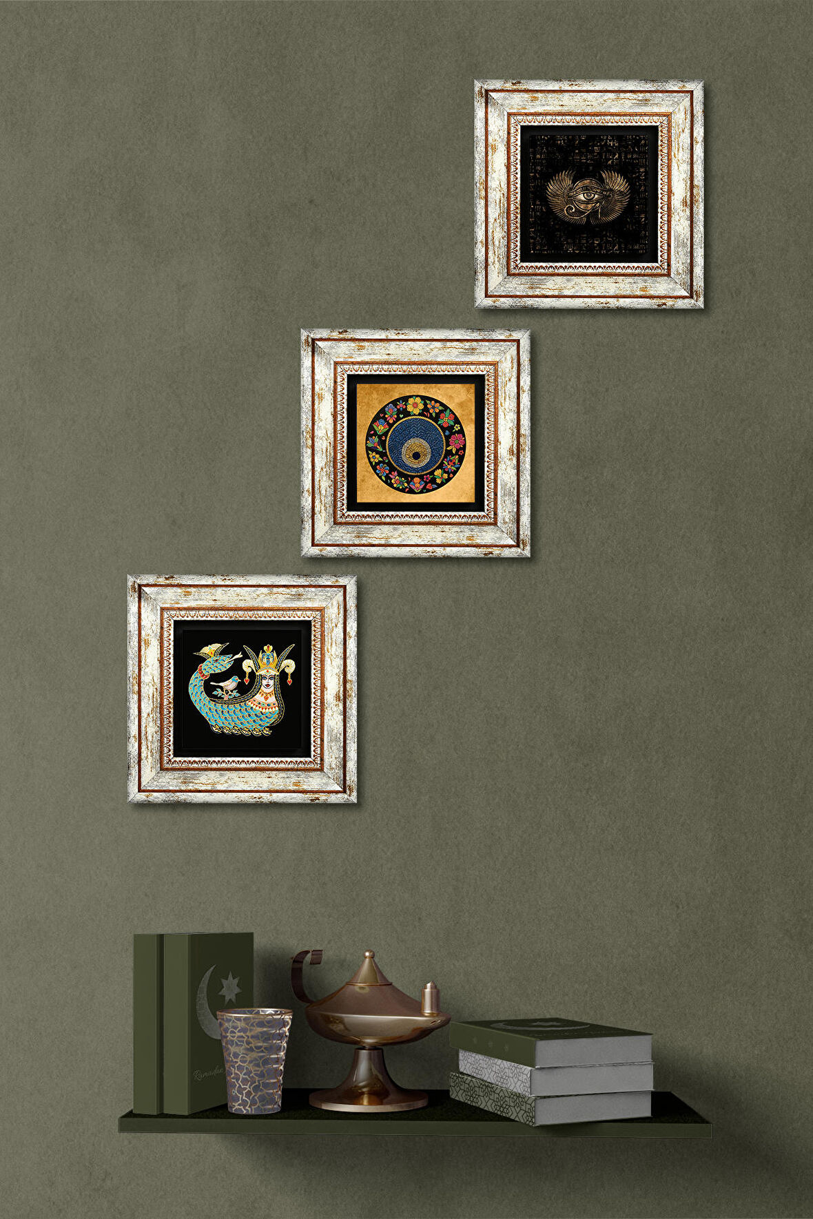 Horus'un Gözü, Nazar, Şahmeran Taş Duvar Tablosu Çerçeveli Duvar Dekoru 3 Parça Tablo Seti Wall Art