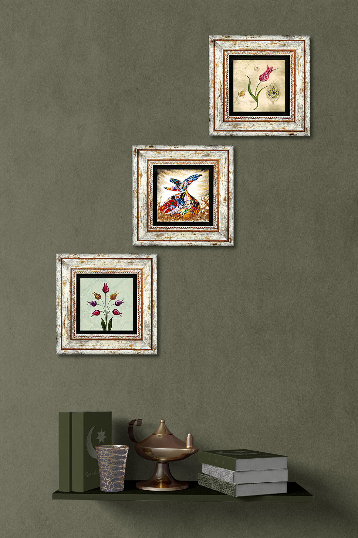 Lale Ebru Sanatı, Semazen Taş Duvar Tablosu Çerçeveli Duvar Dekoru 3 Parça Tablo Seti Wall Art