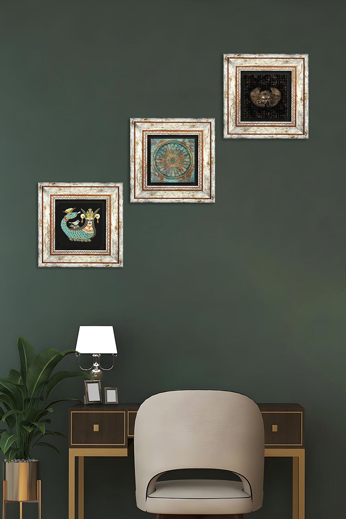 Horus'un Gözü, Yaşam Çiçeği, Şahmeran Taş Duvar Tablosu Çerçeveli Duvar Dekoru 3 Parça Tablo Seti Wall Art