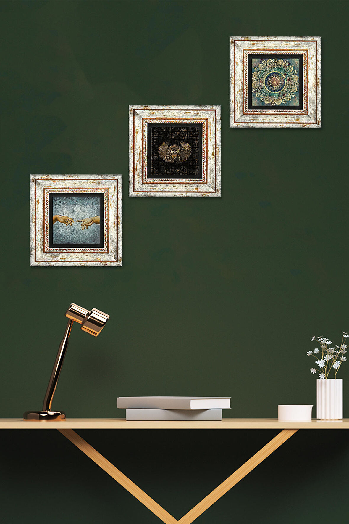 Michelangelo Adem'in Yaratılışı, Mandala, Horus'un Gözü Taş Duvar Tablosu Çerçeveli Duvar Dekoru 3 Parça Tablo Seti Wall Art