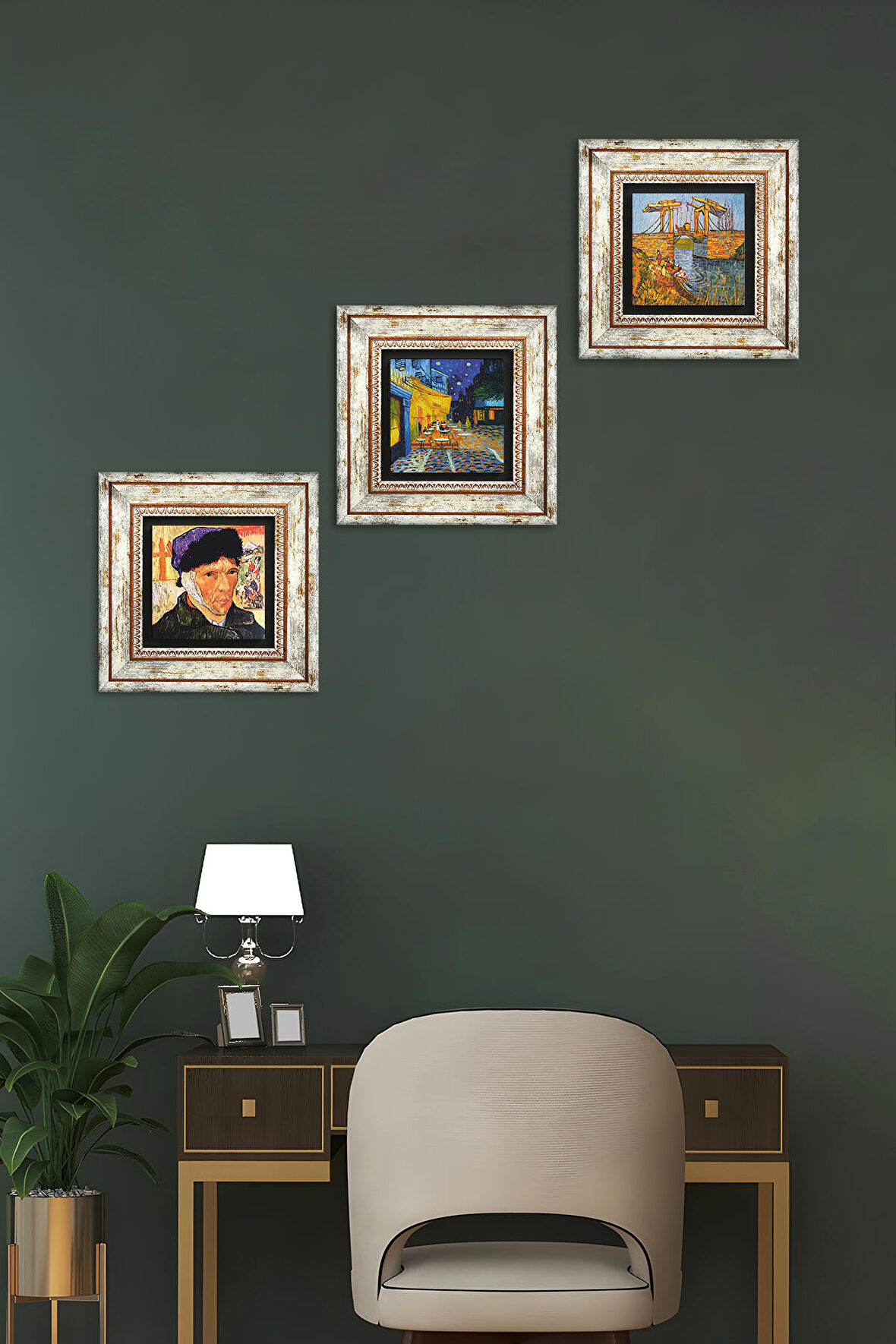 Van Gogh Taş Duvar Tablosu Çerçeveli Duvar Dekoru 3 Parça Tablo Seti Wall Art