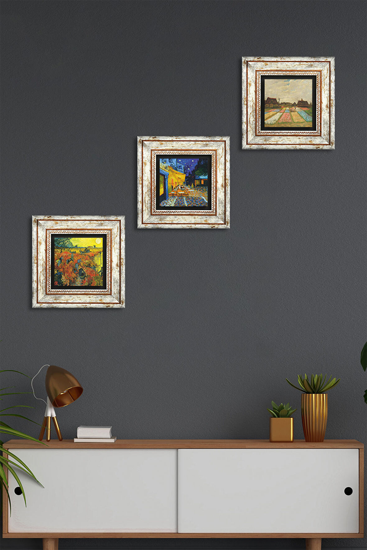 Van Gogh Taş Duvar Tablosu Çerçeveli Duvar Dekoru 3 Parça Tablo Seti Wall Art
