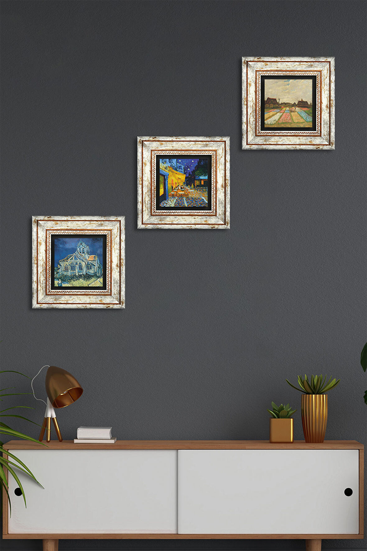 Van Gogh Taş Duvar Tablosu Çerçeveli Duvar Dekoru 3 Parça Tablo Seti Wall Art