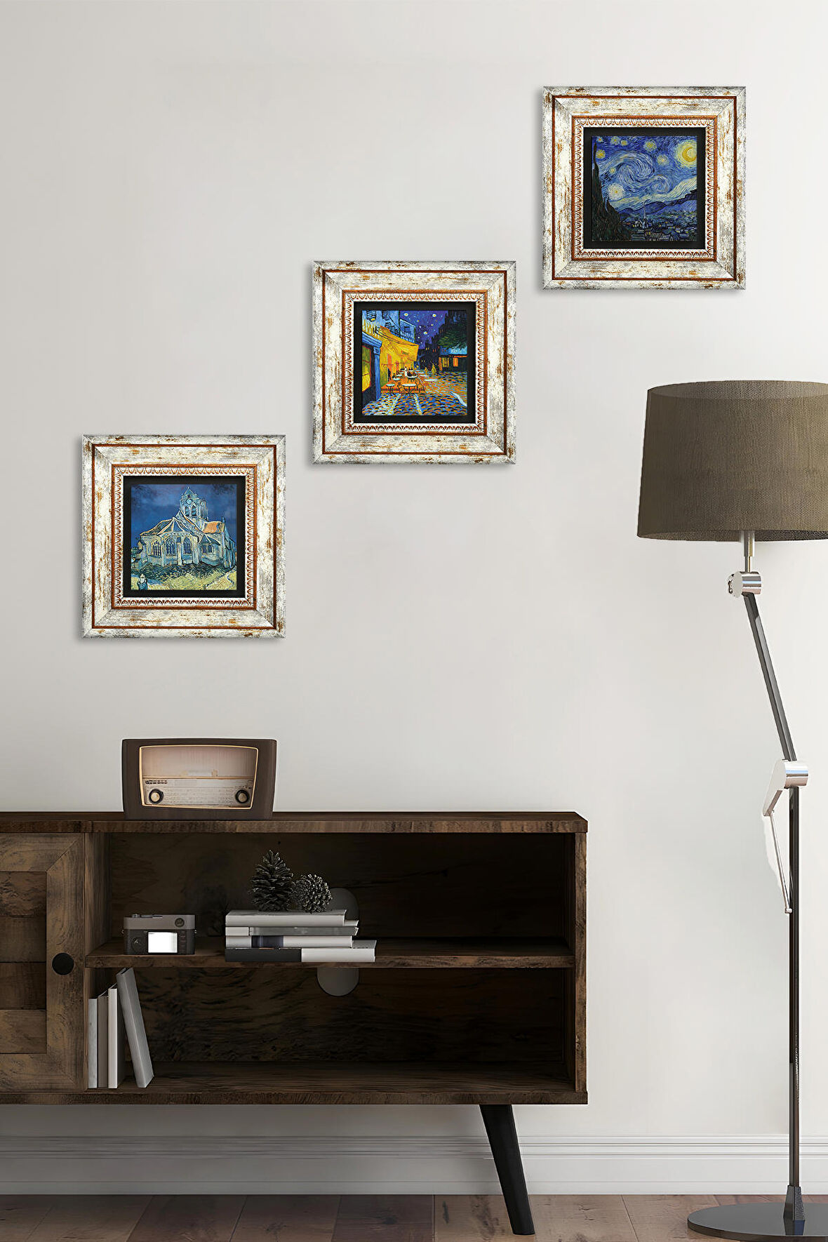 Van Gogh Kilise, Kafe Terasta Gece, Yıldızlı Gece Taş Duvar Tablosu Çerçeveli Duvar Dekoru 3 Parça Tablo Seti Wall Art