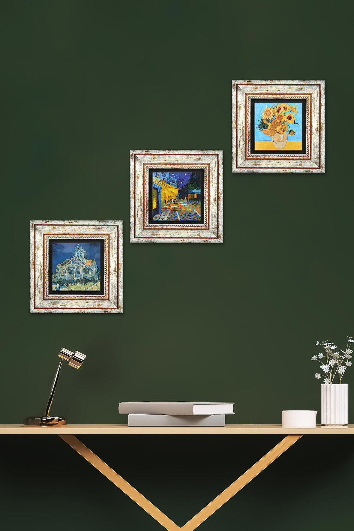 Van Gogh Kilise, Kafe Terasta Gece, On İki Ayçiçekli Vazo Taş Duvar Tablosu Çerçeveli Duvar Dekoru 3 Parça Tablo Seti Wall Art