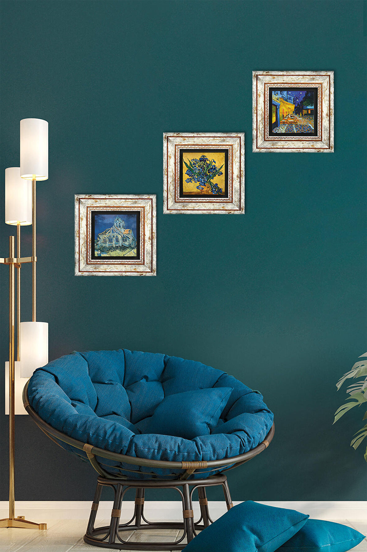 Van Gogh Auvers'deki Kilise, Süsenler, Kafe Terasta Gece Taş Duvar Tablosu Çerçeveli Duvar Dekoru 3 Parça Tablo Seti Wall Art