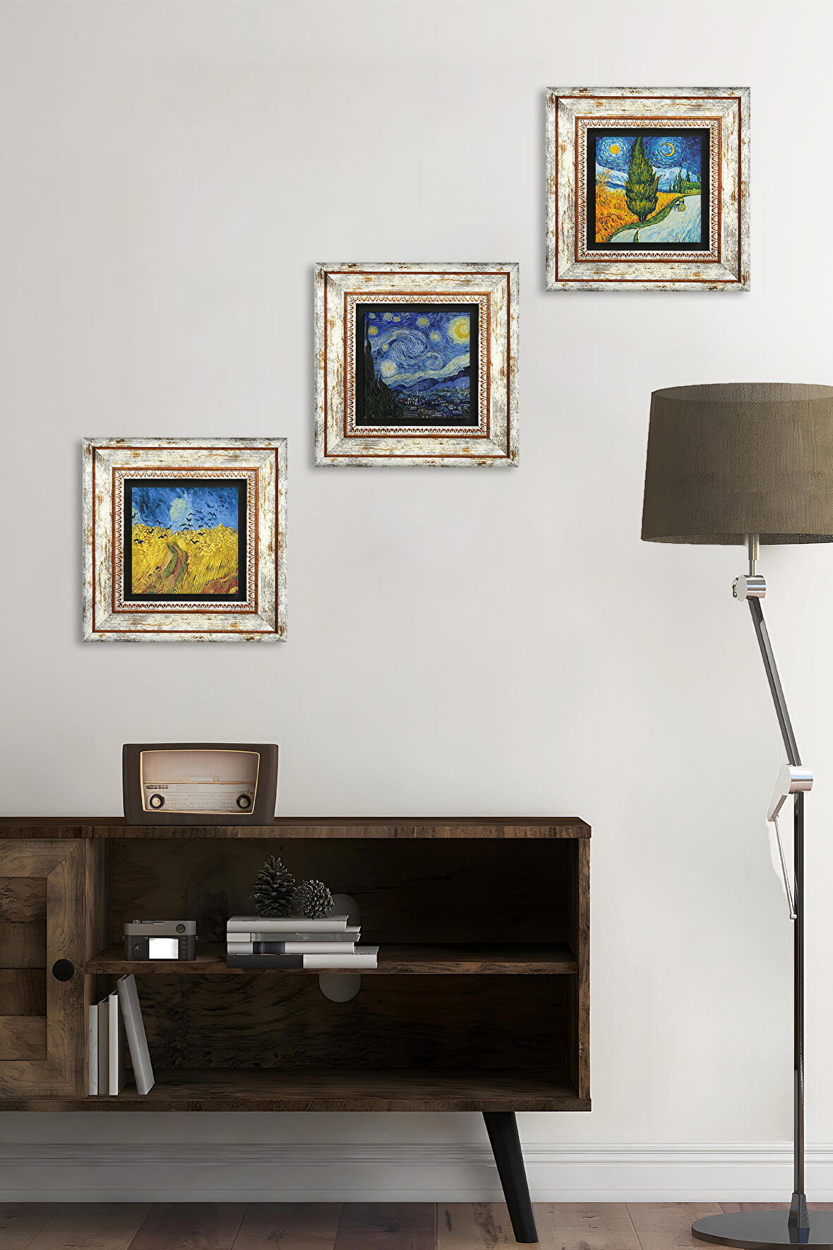 Van Gogh Taş Duvar Tablosu Çerçeveli Duvar Dekoru 3 Parça Tablo Seti Wall Art