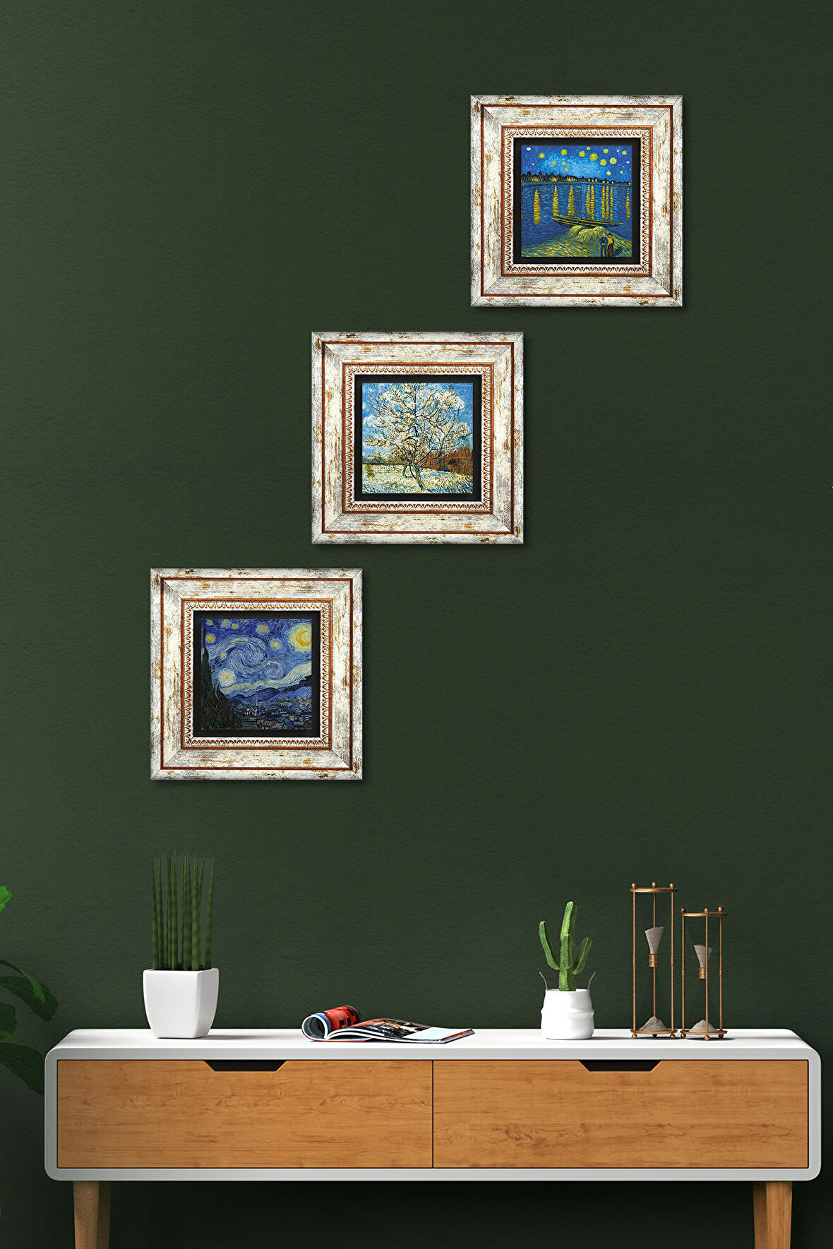 Van Gogh Taş Duvar Tablosu Çerçeveli Duvar Dekoru 3 Parça Tablo Seti Wall Art