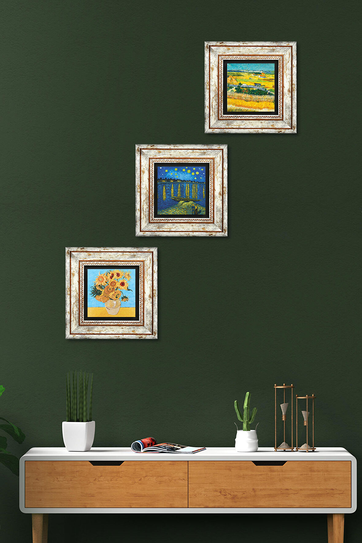 Van Gogh Taş Duvar Tablosu Çerçeveli Duvar Dekoru 3 Parça Tablo Seti Wall Art