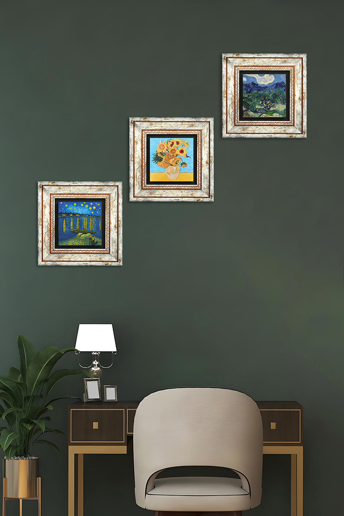 Van Gogh Taş Duvar Tablosu Çerçeveli Duvar Dekoru 3 Parça Tablo Seti Wall Art