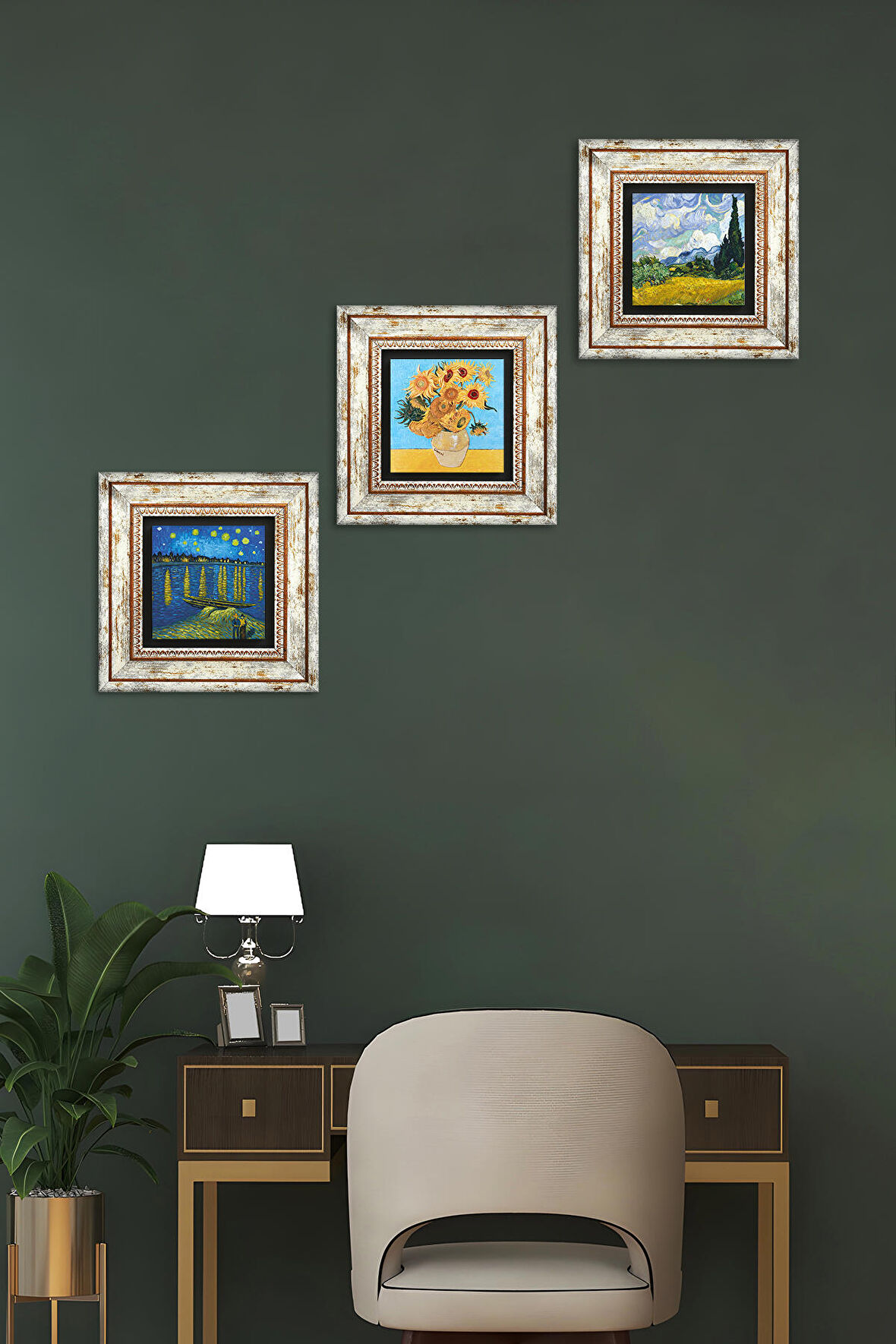 Van Gogh Taş Duvar Tablosu Çerçeveli Duvar Dekoru 3 Parça Tablo Seti Wall Art