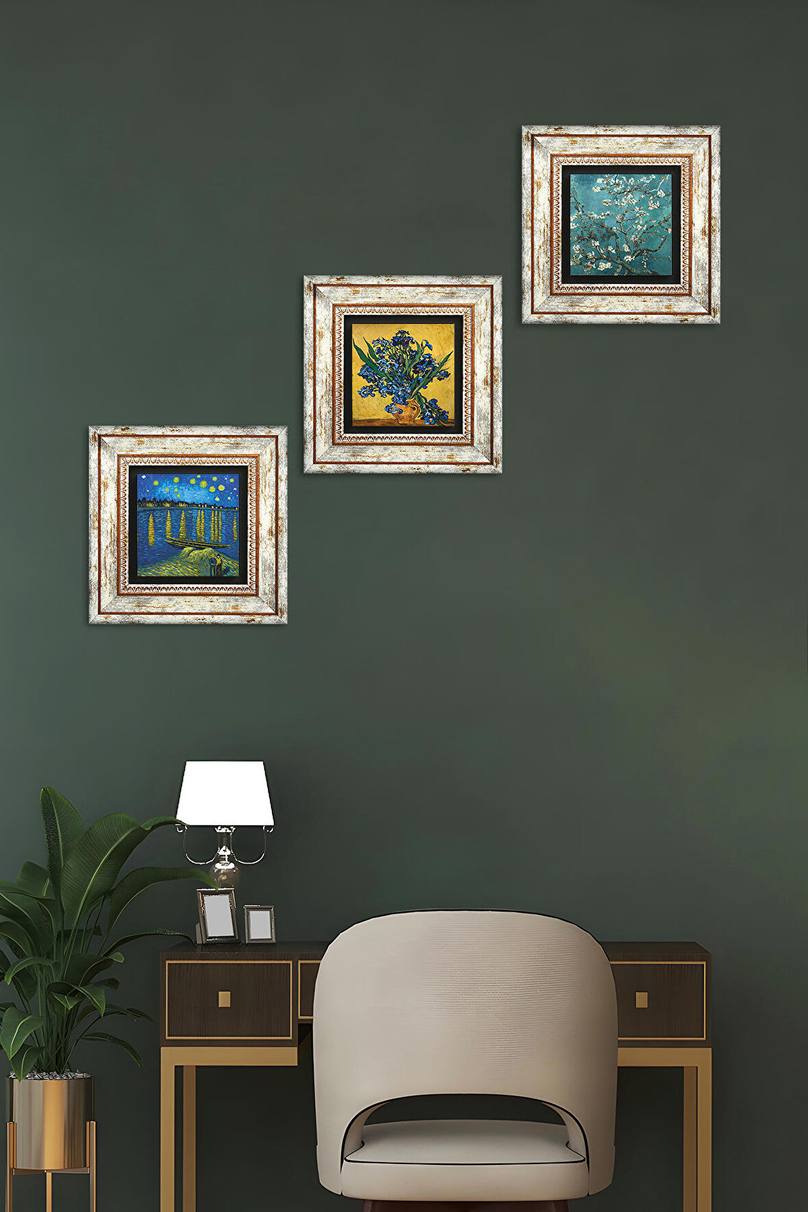 Van Gogh Ren Nehri, Süsenler, Badem Ağacı Taş Duvar Tablosu Çerçeveli Duvar Dekoru 3 Parça Tablo Seti Wall Art