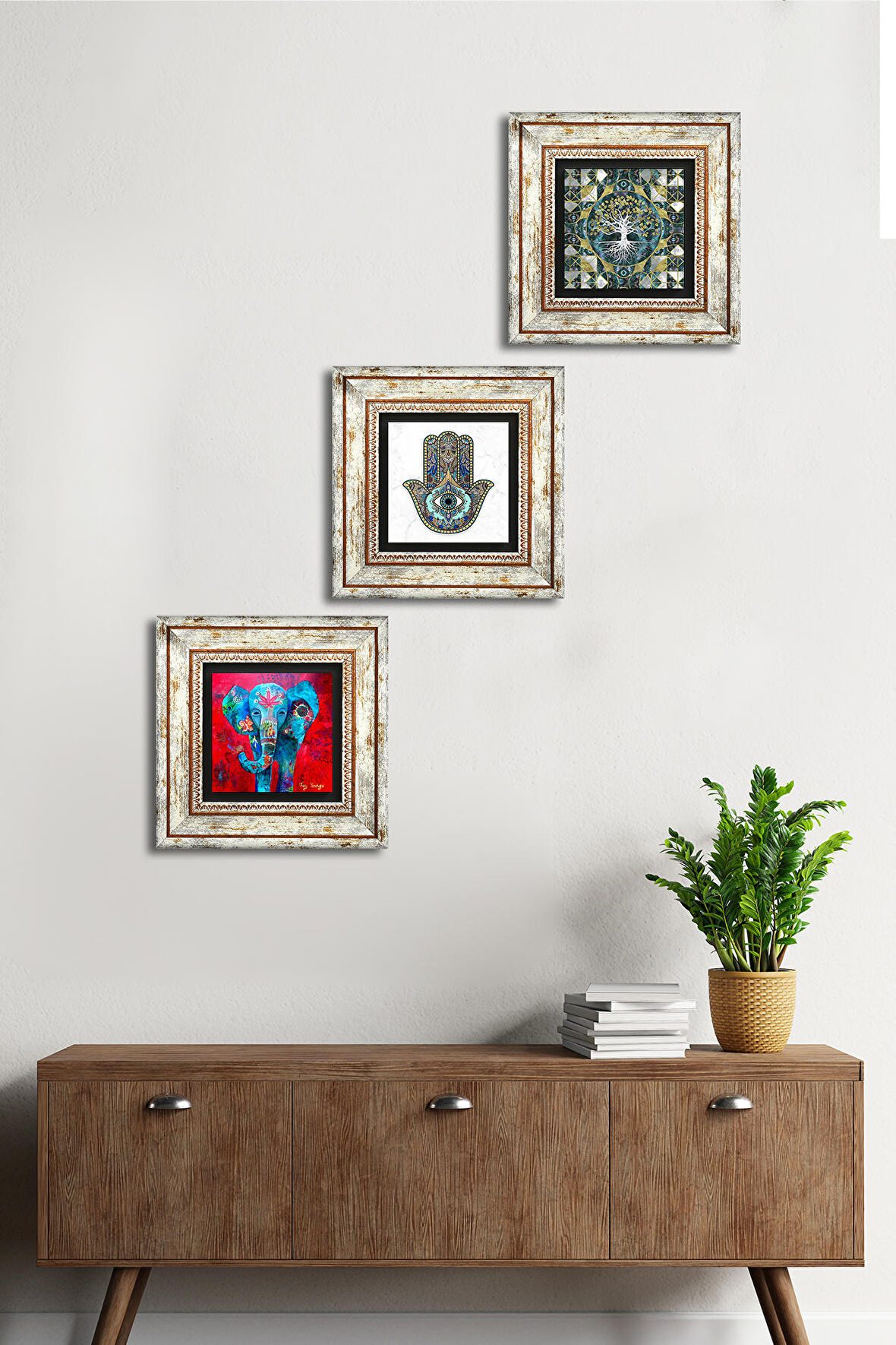 Hayat Ağacı, Fil, Fatma Ana Eli (Hamsa) Taş Duvar Tablosu Çerçeveli Duvar Dekoru 3 Parça Tablo Seti Wall Art