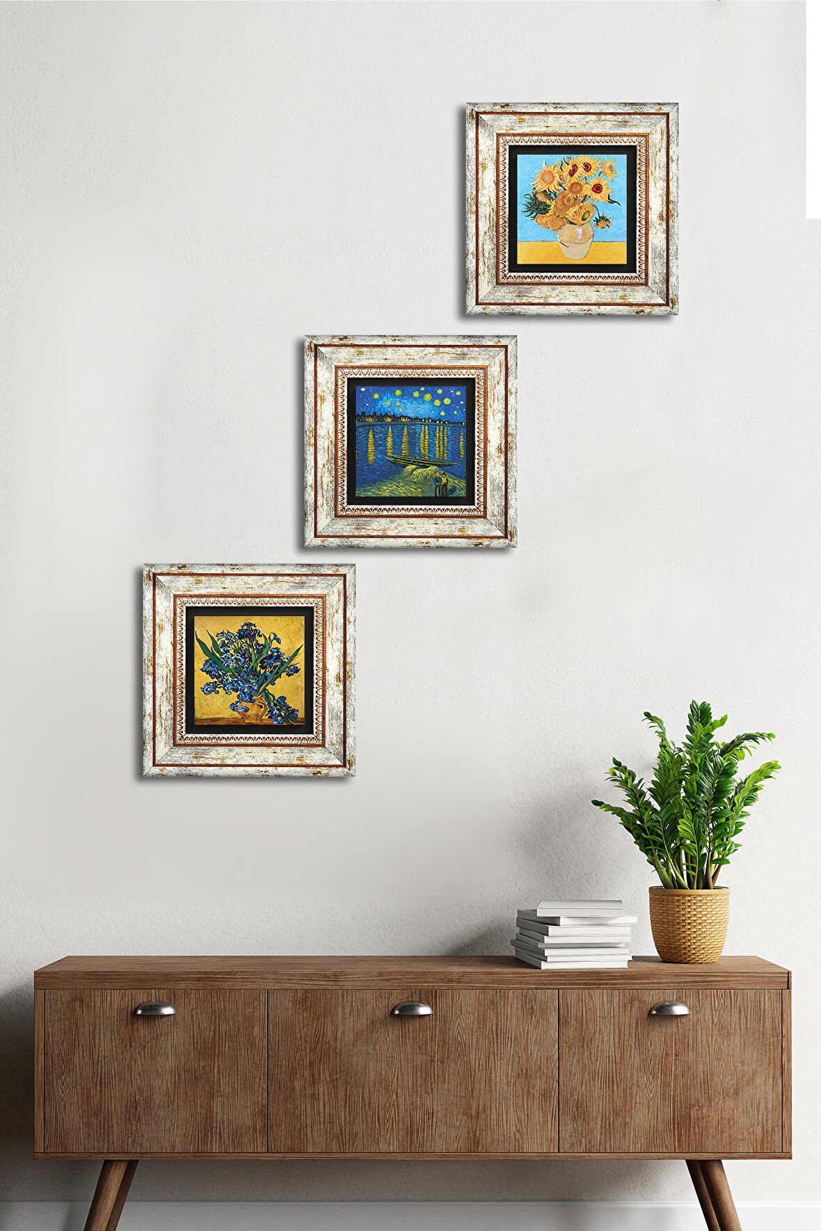 Van Gogh Taş Duvar Tablosu Çerçeveli Duvar Dekoru 3 Parça Tablo Seti Wall Art