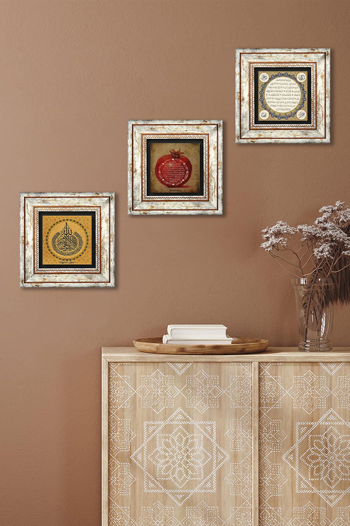 Ayet-el Kürsi, Hilye-i Şerif, Bereket Duası Taş Duvar Tablosu Çerçeveli Duvar Dekoru 3 Parça Tablo Seti Wall Art