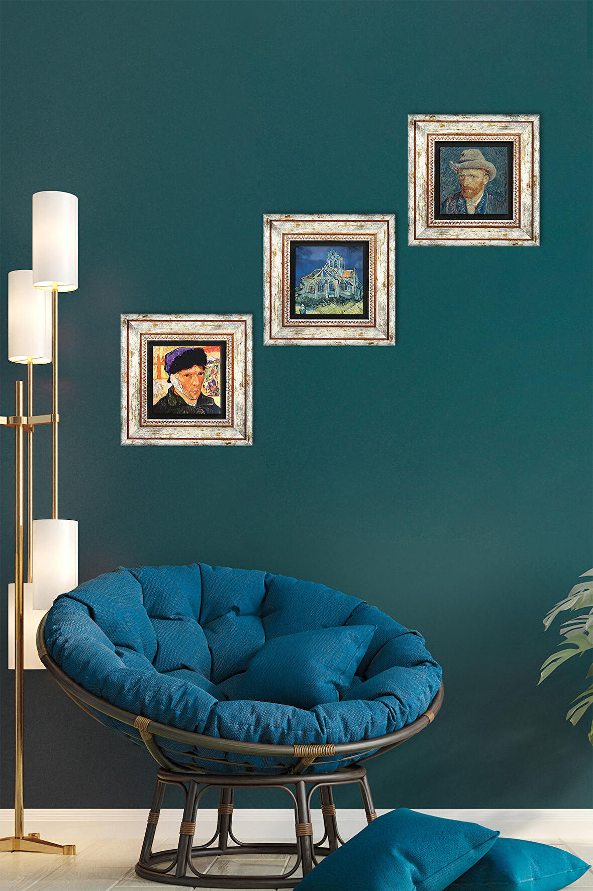 Van Gogh Kilise, Kulağı Bandajlı Otoportre, Otoportre Taş Duvar Tablosu Çerçeveli Duvar Dekoru 3 Parça Tablo Seti Wall Art