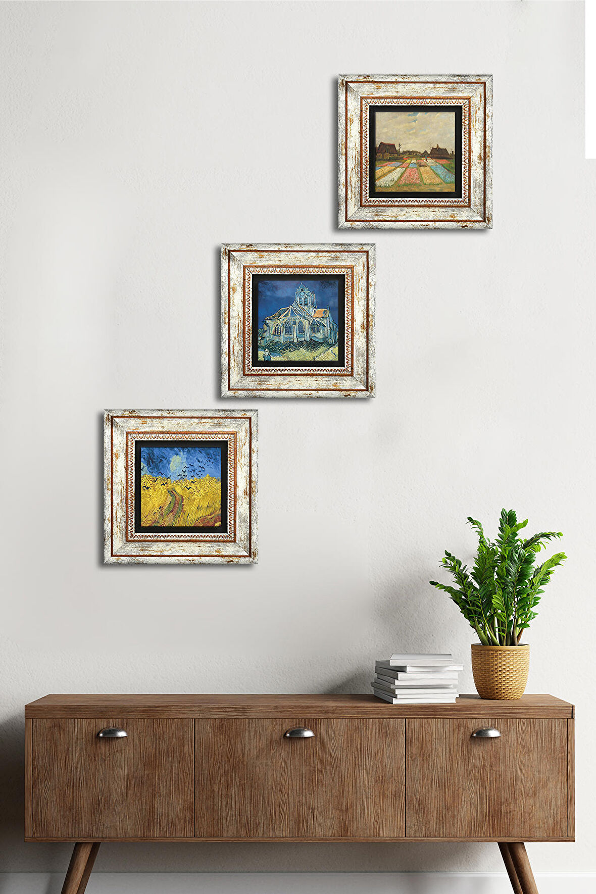 Van Gogh Taş Duvar Tablosu Çerçeveli Duvar Dekoru 3 Parça Tablo Seti Wall Art