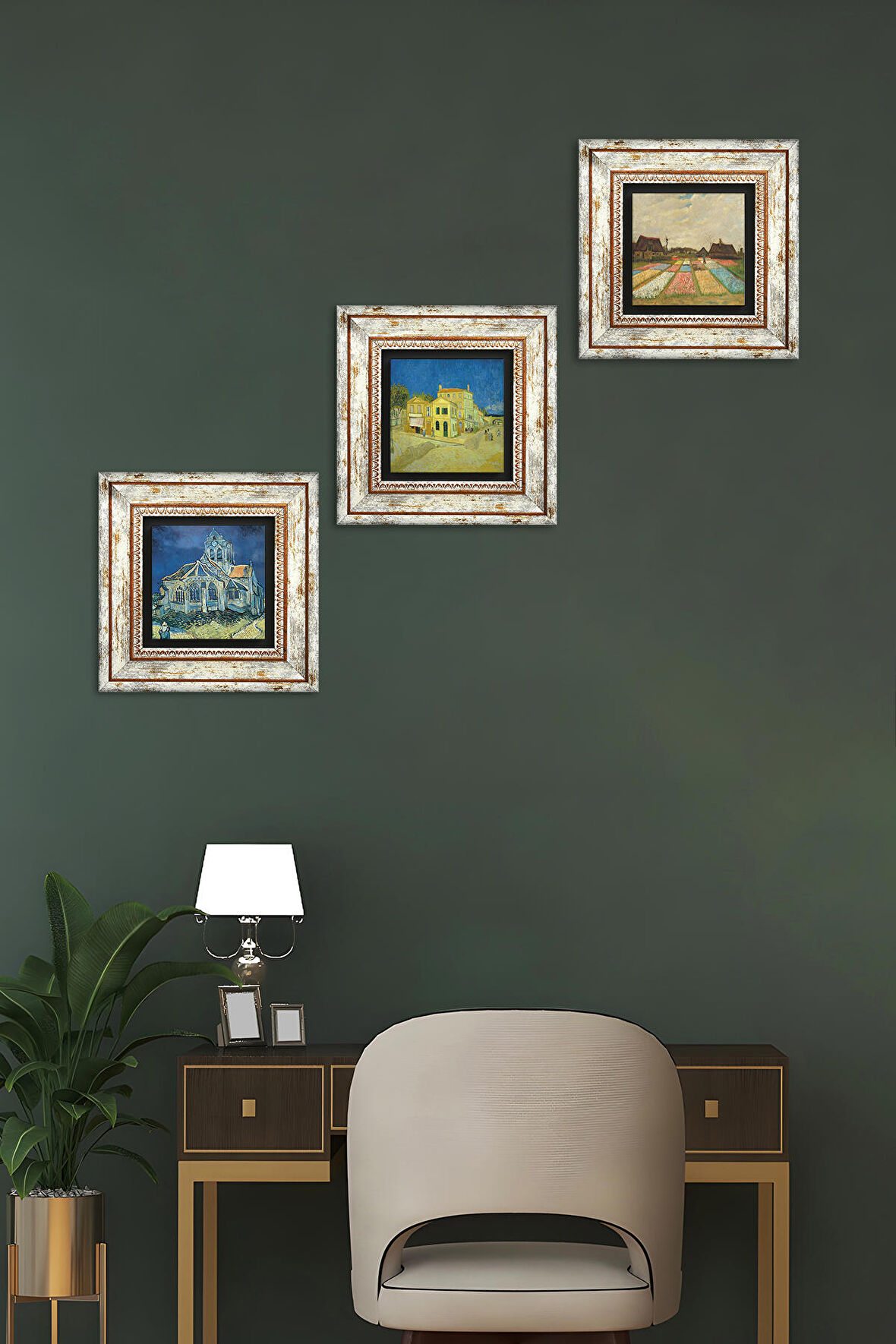 Van Gogh Sarı Ev, Kilise, Hollanda'da Lale Tarlaları Taş Duvar Tablosu Çerçeveli Duvar Dekoru 3 Parça Tablo Seti Wall Art