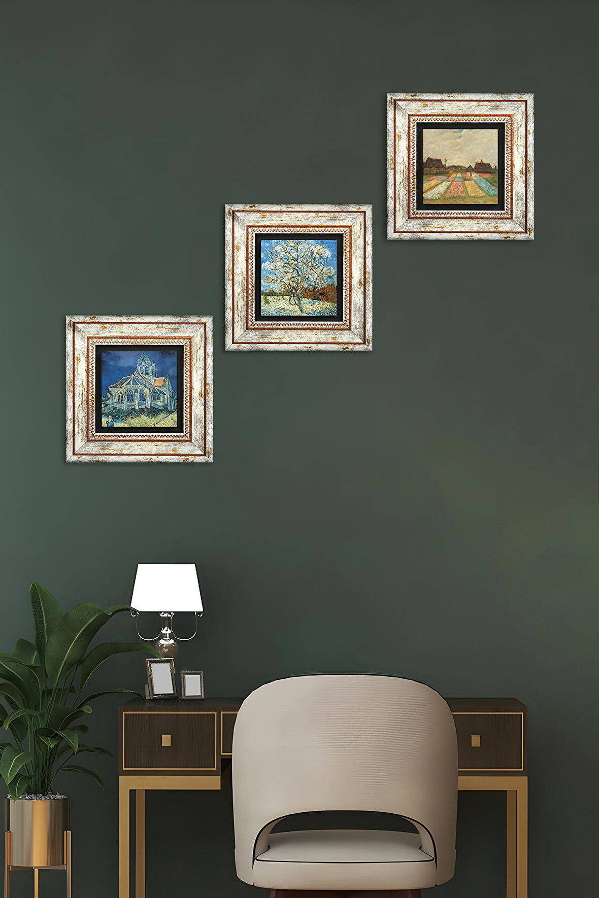 Van Gogh Taş Duvar Tablosu Çerçeveli Duvar Dekoru 3 Parça Tablo Seti Wall Art