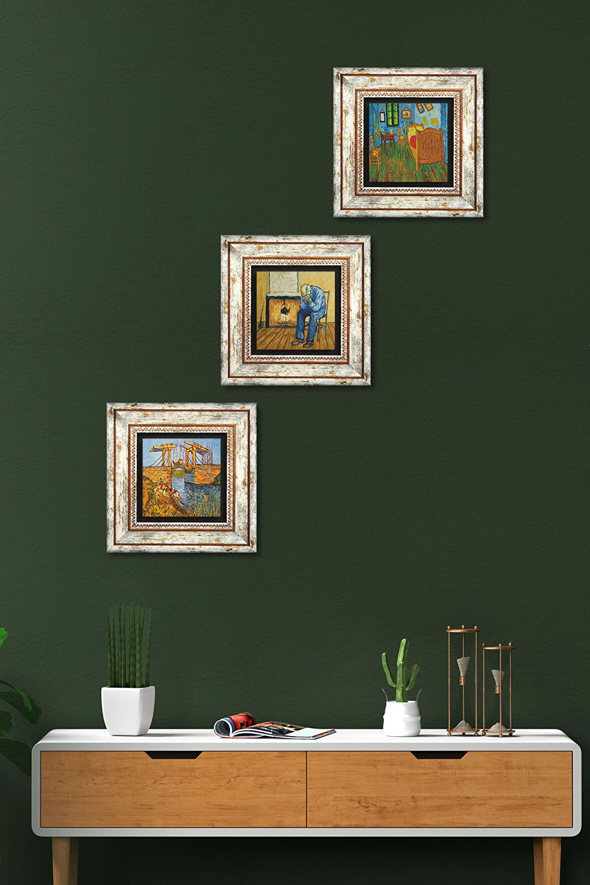 Van Gogh Taş Duvar Tablosu Çerçeveli Duvar Dekoru 3 Parça Tablo Seti Wall Art