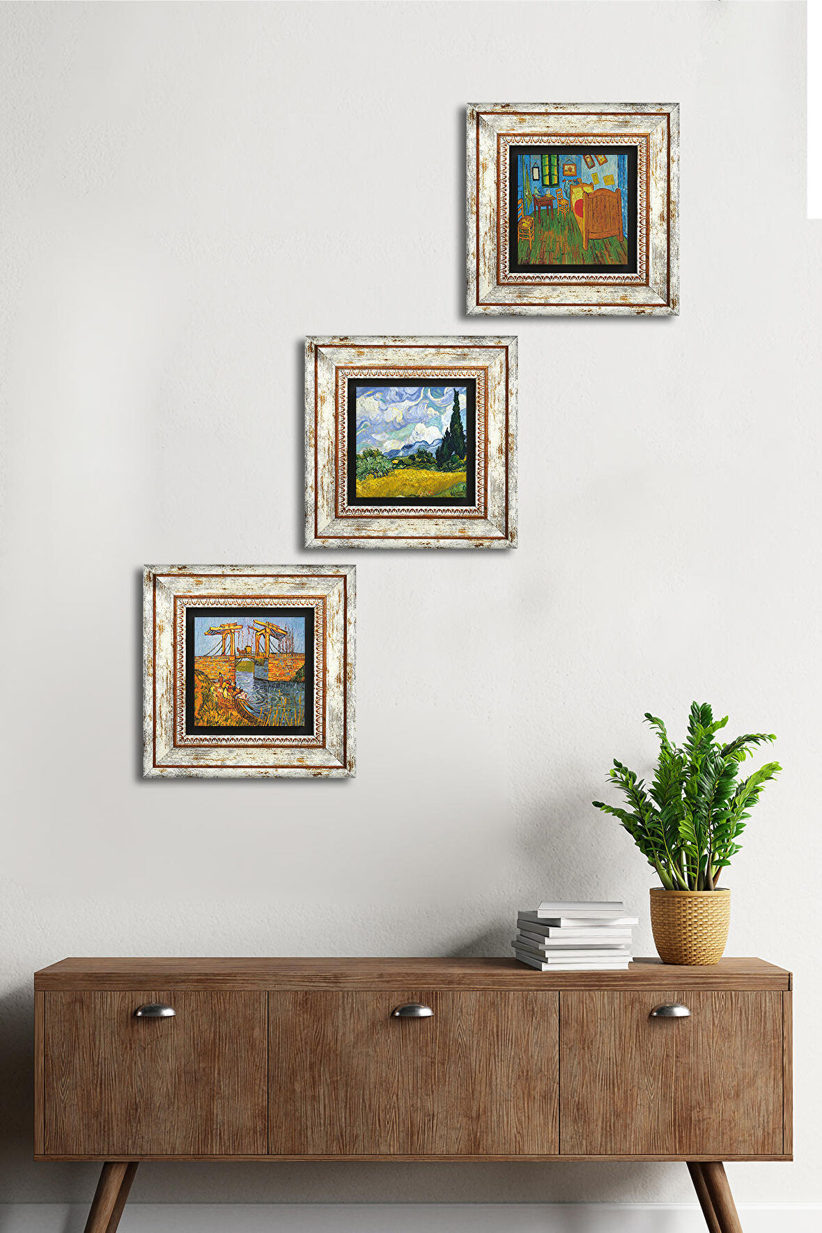 Van Gogh Taş Duvar Tablosu Çerçeveli Duvar Dekoru 3 Parça Tablo Seti Wall Art