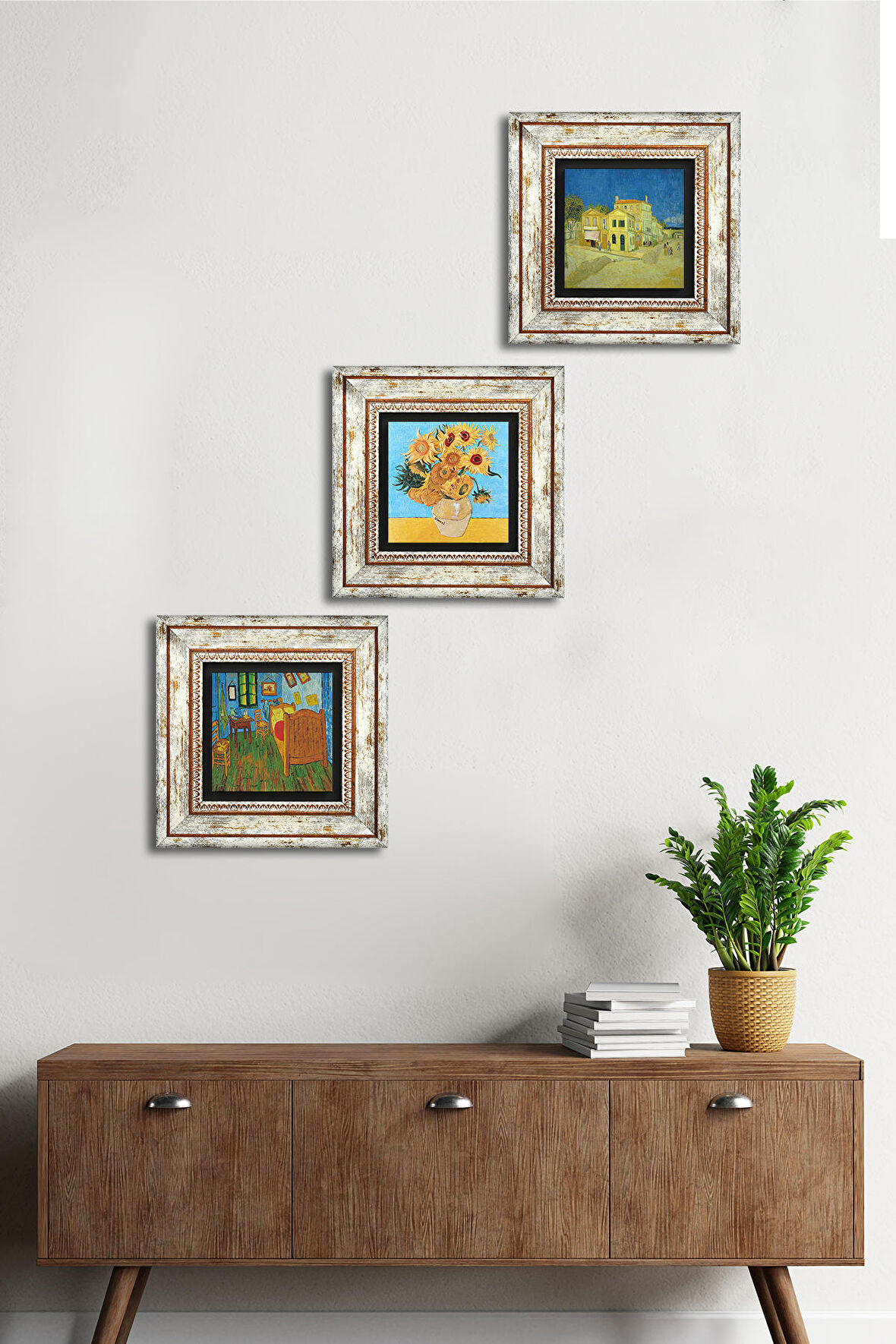 Van Gogh Sarı Ev,ki Yatak Odası, On İki Ayçiçekli Vazo Taş Duvar Tablosu Çerçeveli Duvar Dekoru 3 Parça Tablo Seti Wall Art