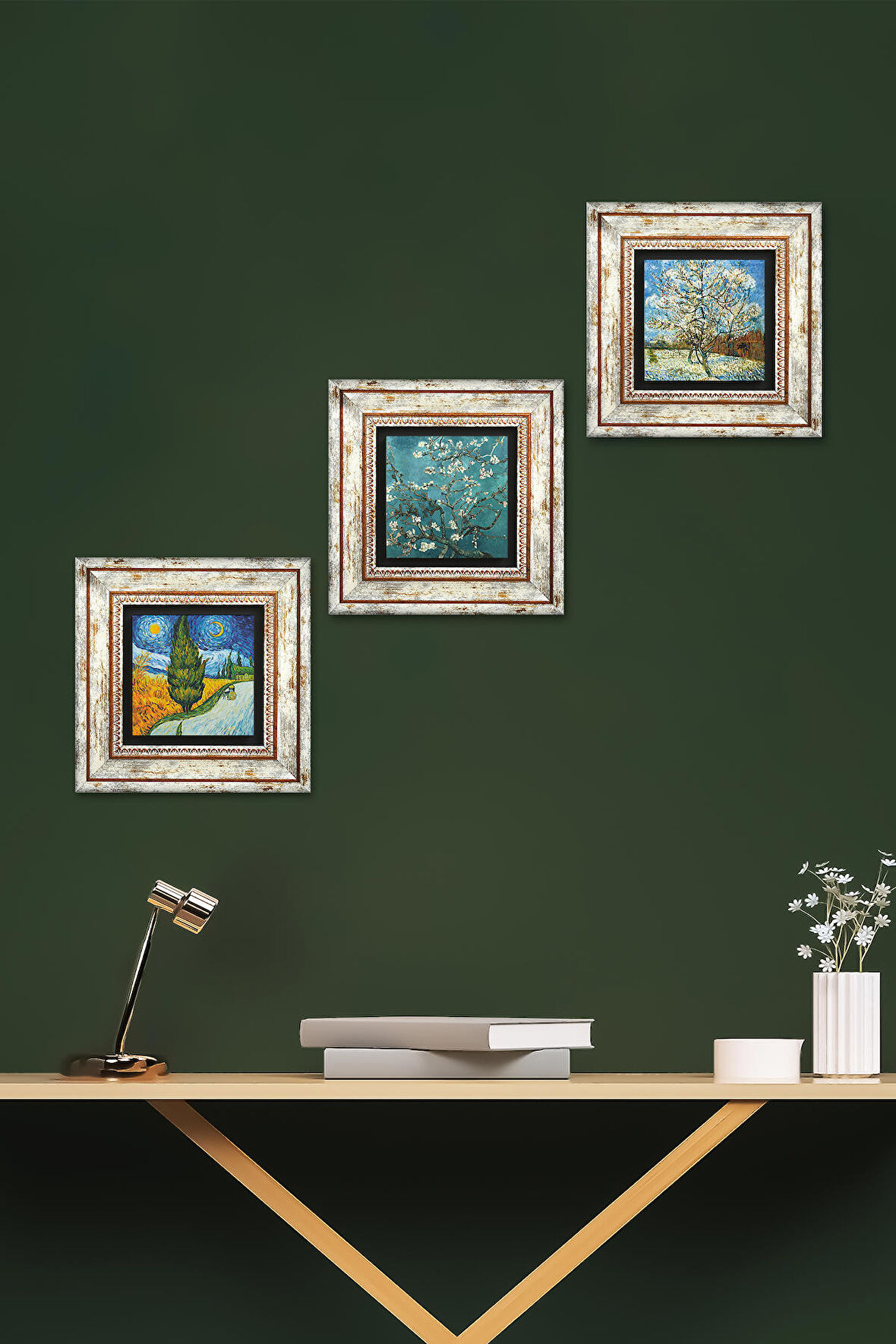 Van Gogh Taş Duvar Tablosu Çerçeveli Duvar Dekoru 3 Parça Tablo Seti Wall Art