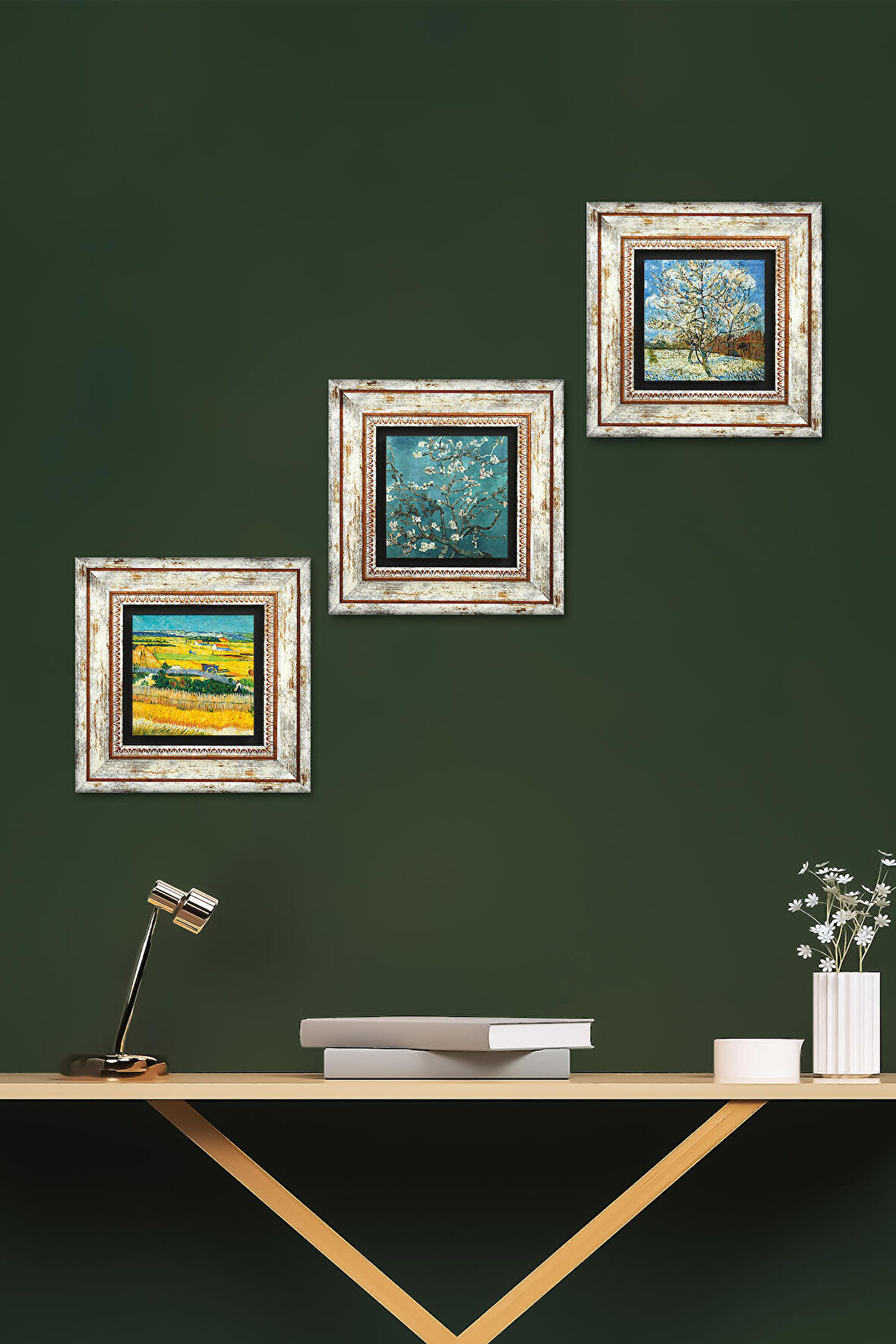 Van Gogh Taş Duvar Tablosu Çerçeveli Duvar Dekoru 3 Parça Tablo Seti Wall Art