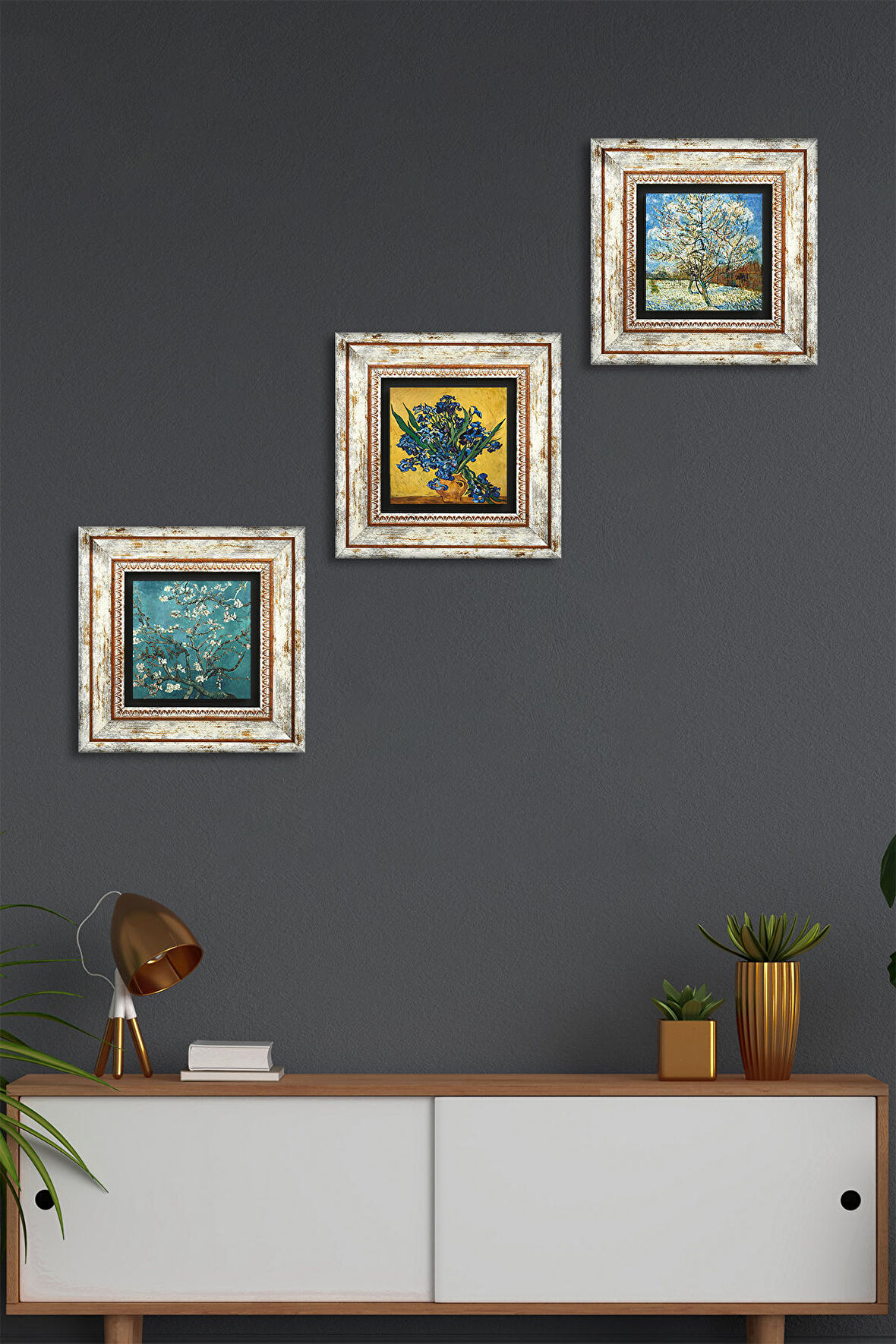 Van Gogh Şeftali Ağacı, Süsenler, Badem Ağacı Taş Duvar Tablosu Çerçeveli Duvar Dekoru 3 Parça Tablo Seti Wall Art