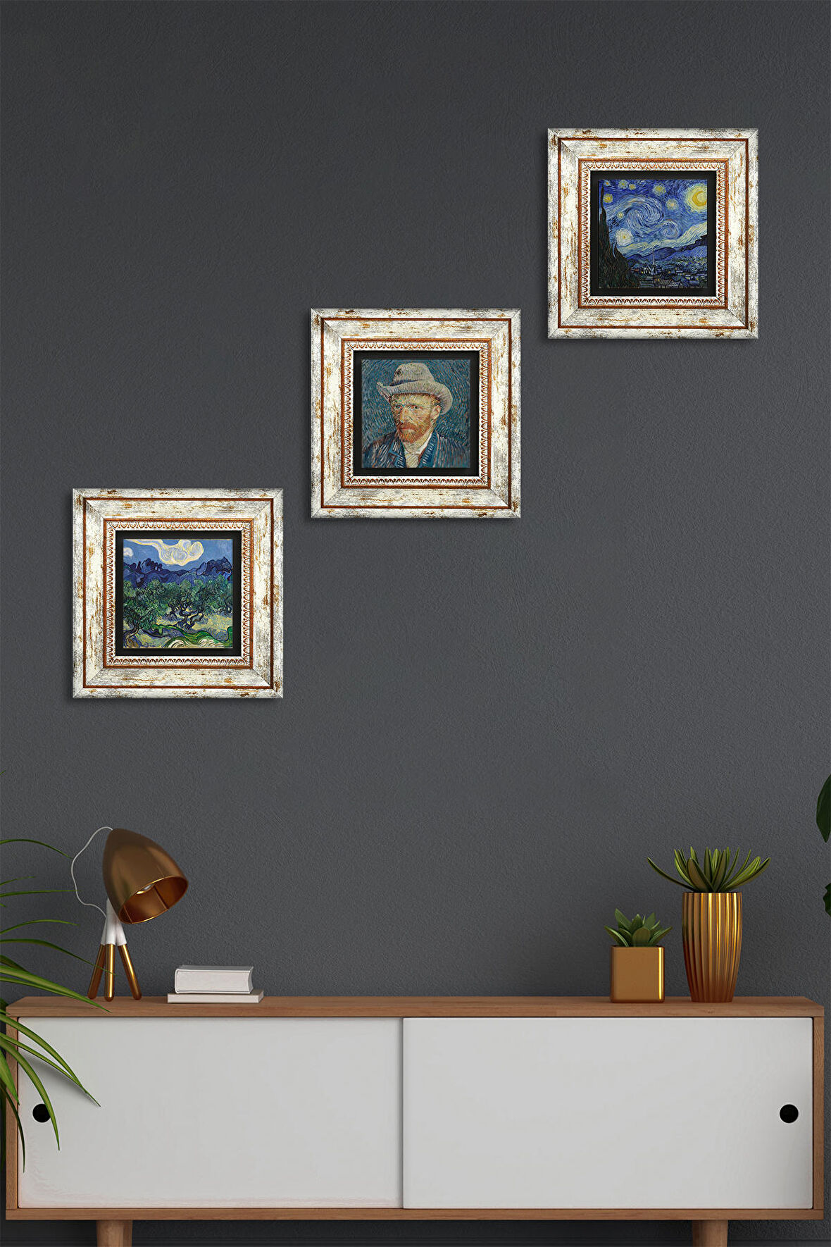 Van Gogh Zeytin Ağaçları, Yıldızlı Gece, Otoportre Taş Duvar Tablosu Çerçeveli Duvar Dekoru 3 Parça Tablo Seti Wall Art